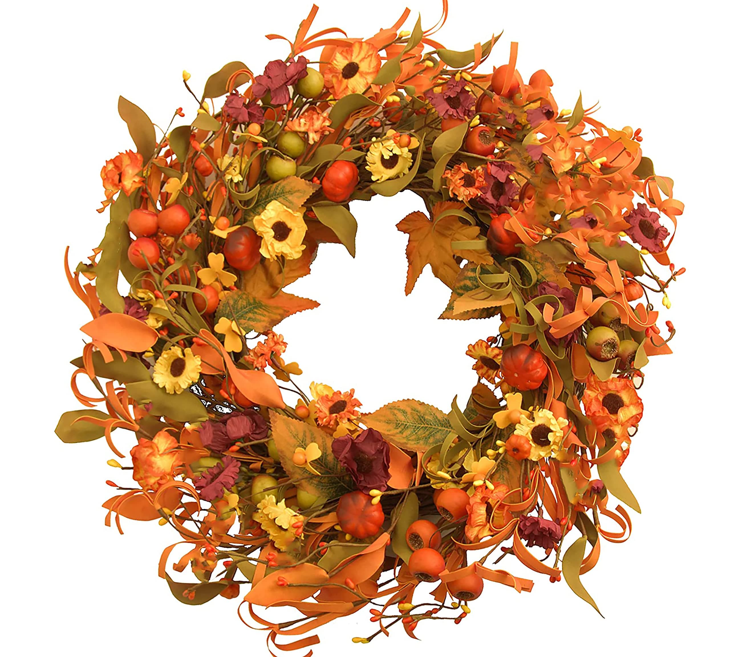 Handmade Fall Front Door Wreath with Pumpkin Berries ,22” Artificial Floral Wreath with Colorful Daisies and Autumn Foliage Fall Orange Wreath Halloween and Thanksgiving Decor (Pumpkin Wreath)