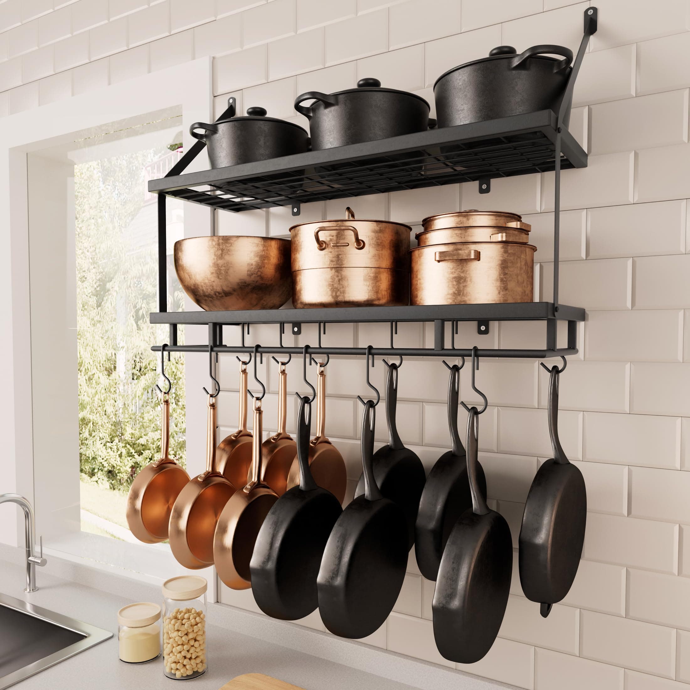 KES 30-Inch Kitchen Pot Rack - Mounted Hanging Rack for Kitchen Storage and Organization - Matte Black 2-Tier Wall Shelf with Guard Rail for Pots and Pans Organizer with 12 Hooks - KUR215S75B-BK