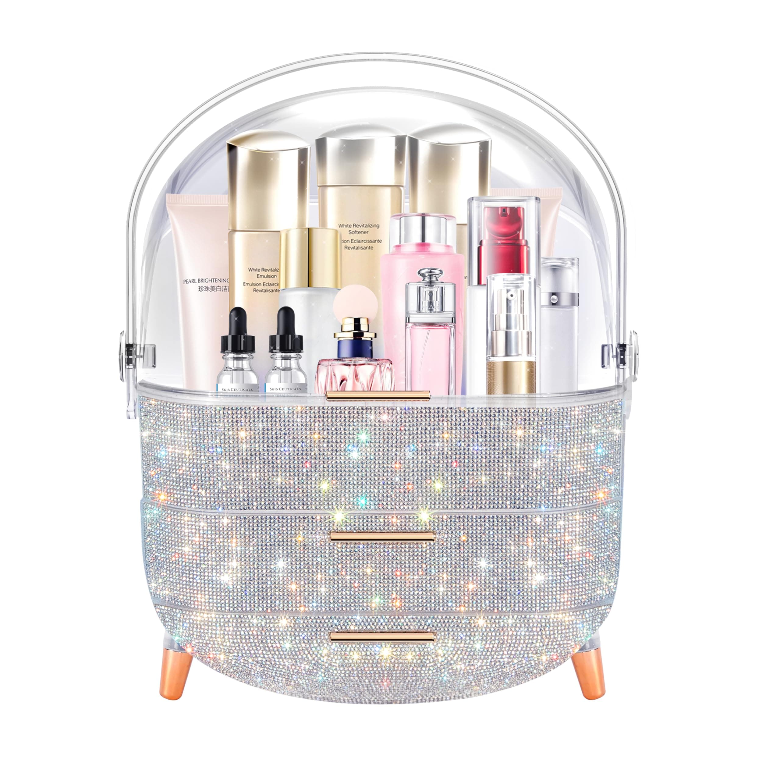 MASSY Egg Shape(Oval) Makeup Storage Box, Countertop Portable Vanity Cosmetics Organizer Preppy Style