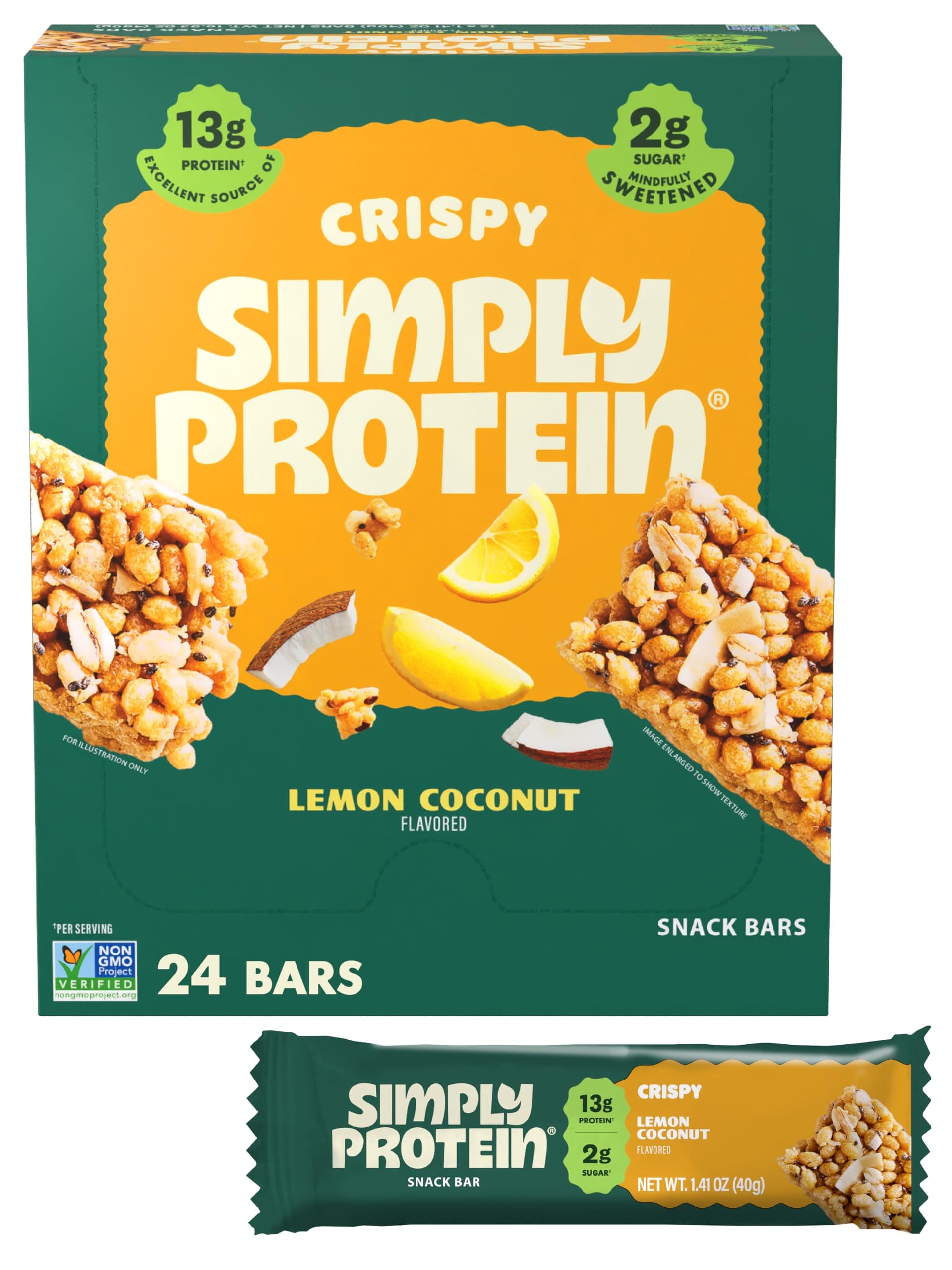 Lemon Coconut Crispy Bars - Plant Based Protein Bars - Low Carb, Low Sugar, High Fiber - 13g Protein, 2g Sugar, 7g Fiber - Vegan, Gluten Free, Non GMO, Kosher - 24 Bars