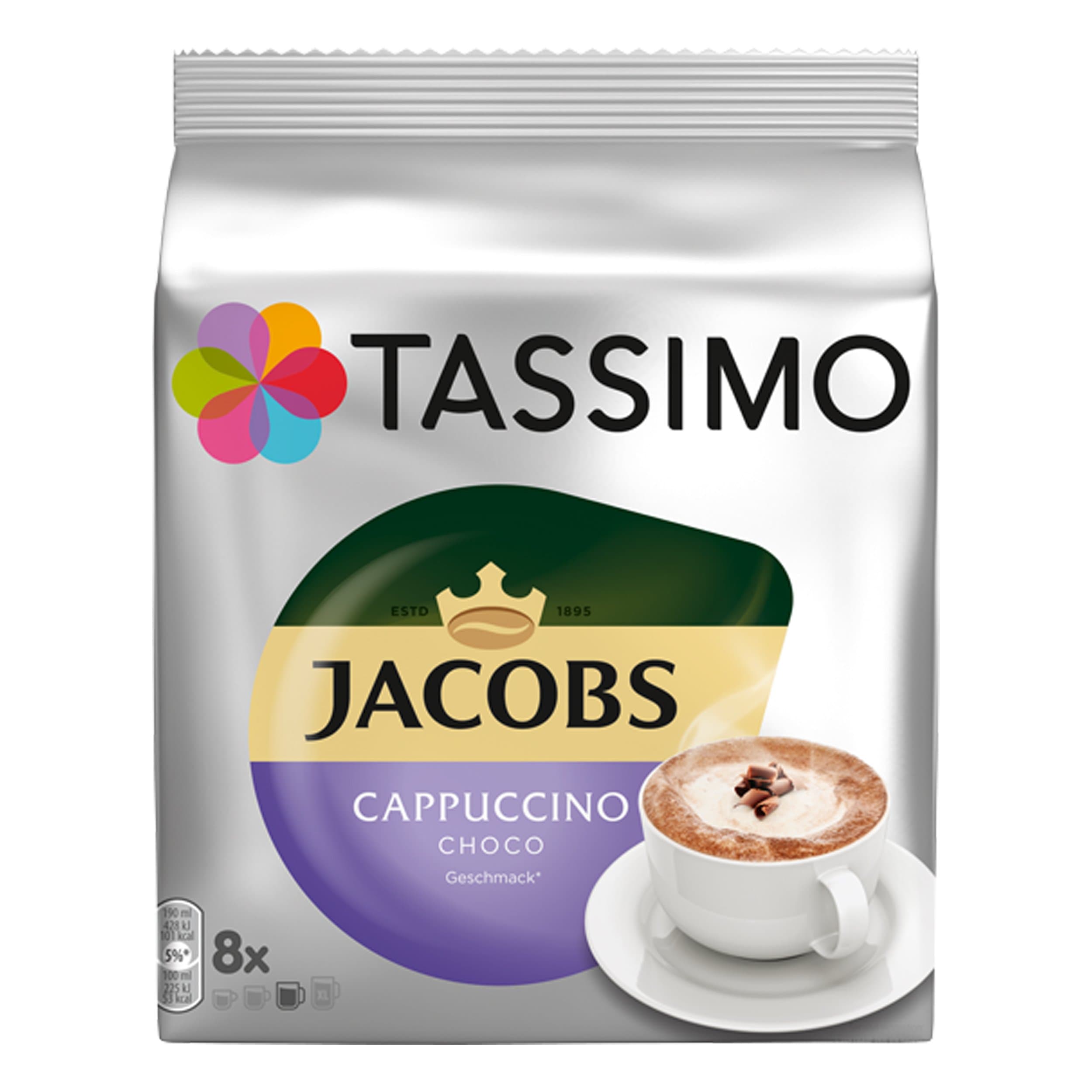 Tassimo Jacobs Cappuccino Choco, Coffee, Milk, Cocoa, Capsules, 8 T-Discs