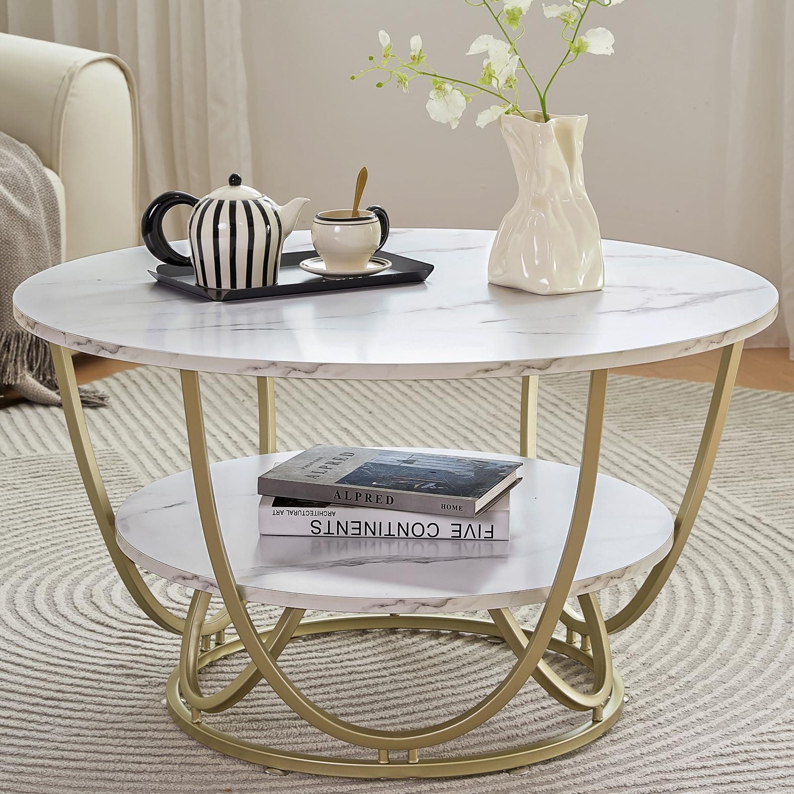 Round Coffee Table with Storage, 30 Inch Modern Coffee Table for Living Room,Wooden Tabletop-Marble White Print with Gold Frame