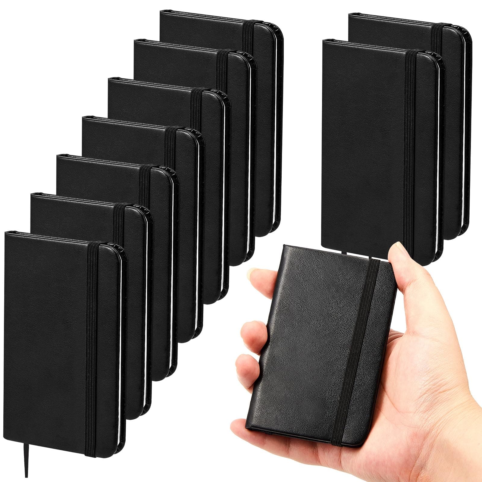 Qeeenar 10 Pcs Mini Black Leather Pocket Notebook Bulk, 4 x 2.5 Inch Small Journal Note Book, 50 Sheets Hardcover Tiny Notepad Lined for Office Home School Writing Supplies