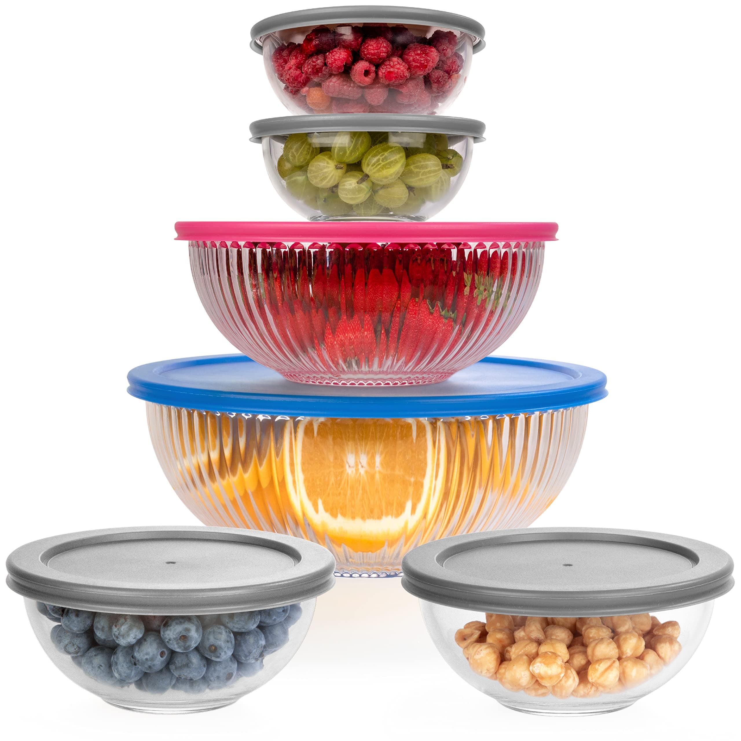 Set of 6 Stackable Space-Saving Nesting Glass Bowls with BPA Free Lids for Foodprep, Storage, Baking, Mixing & Cooking, Microwave Safe - Durable Inert Borosilicate Glass