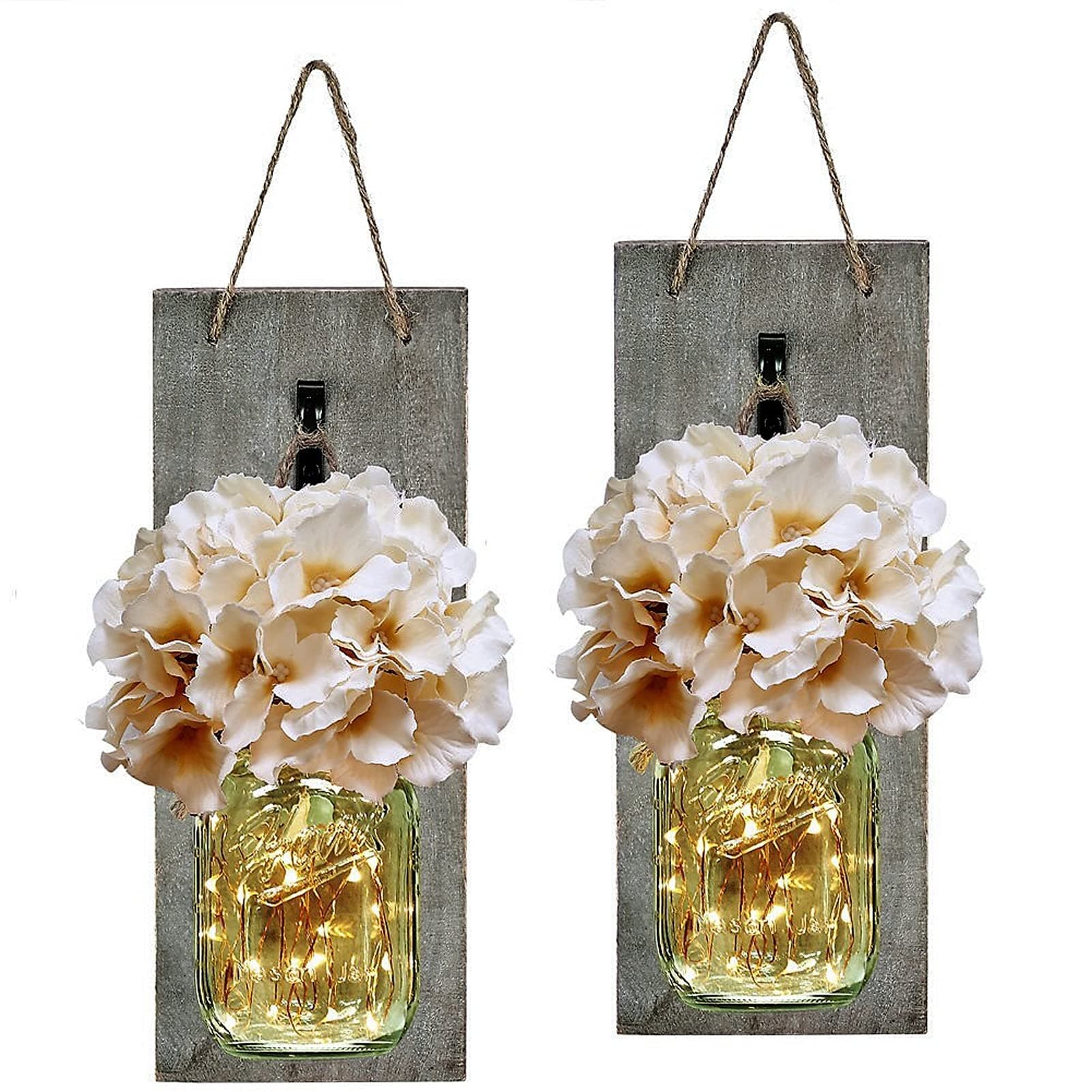 Rustic Mason Jar Wall Decor Sconces - Decorative Home Lighted Country House Hanging with LED Fairy Strip Lights and Flowers Hydrangea Farmhouse Sconce Jars (Set of 2)