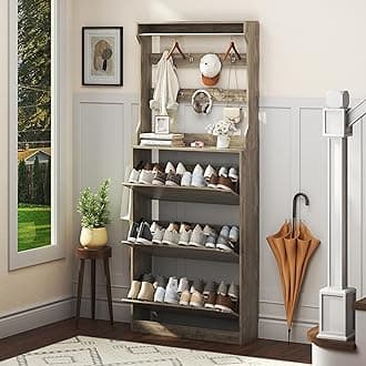 Shoe Cabinet for Entryway with 3 Flip Drawers, Grey Tall Wood Shoe Storage Cabinet with Coat Rack, Narrow Hidden Slim Freestanding Shoe Rack Organizer, 2 in 1 Hall Tree for Living Room, Hallway