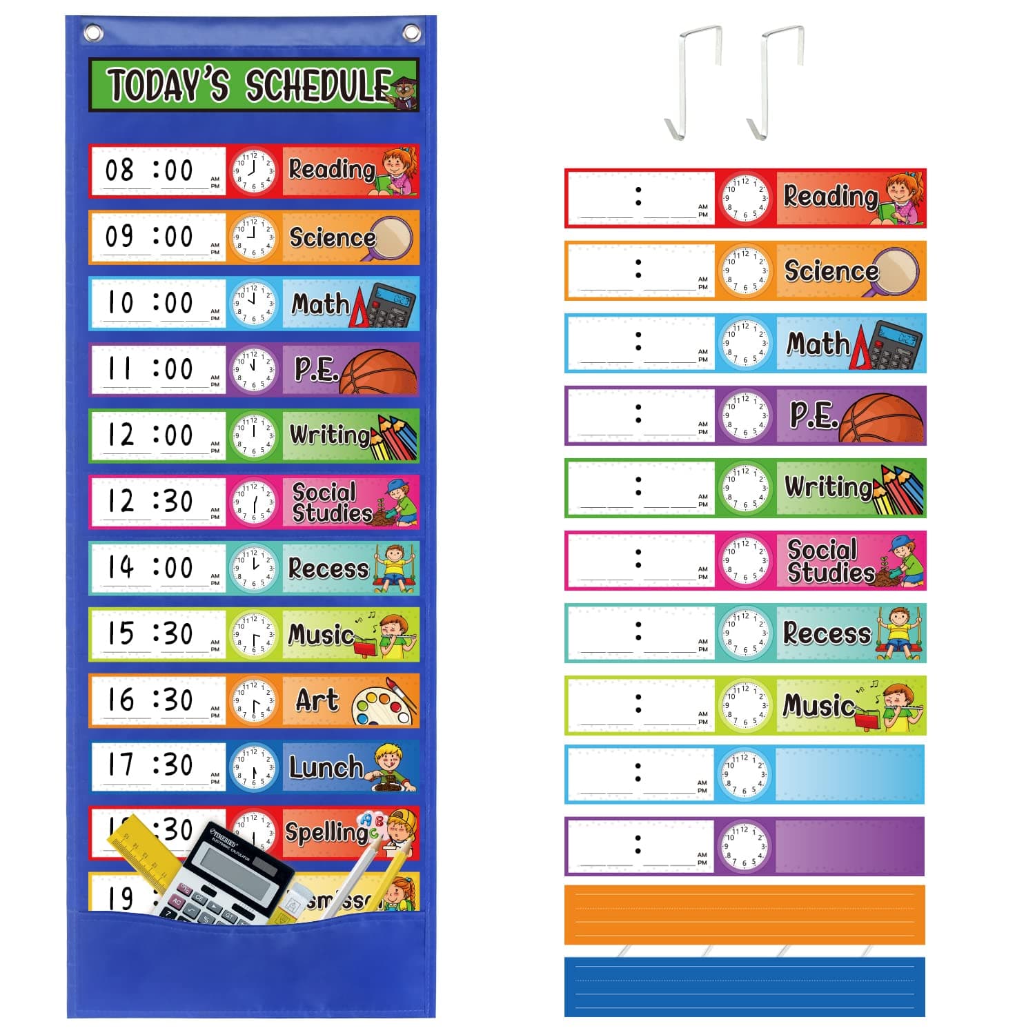 Daily Schedule Pocket Chart Kit,40 Bright Attractive Double-Sided Reusable Erasable Cards,1 Title Card,13+1 Scheduling Pocket Chart with 2 Hangers for Classroom Office Home Preschool Learning (Blue)