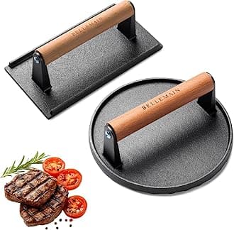 Bellemain Heavy-Duty Cast Iron Grill Press Set – Perfect Smash Burger Press & Steak Tool with Ergonomic Wood Handle for Pro-Level Searing on Griddle, Skillet, or BBQ