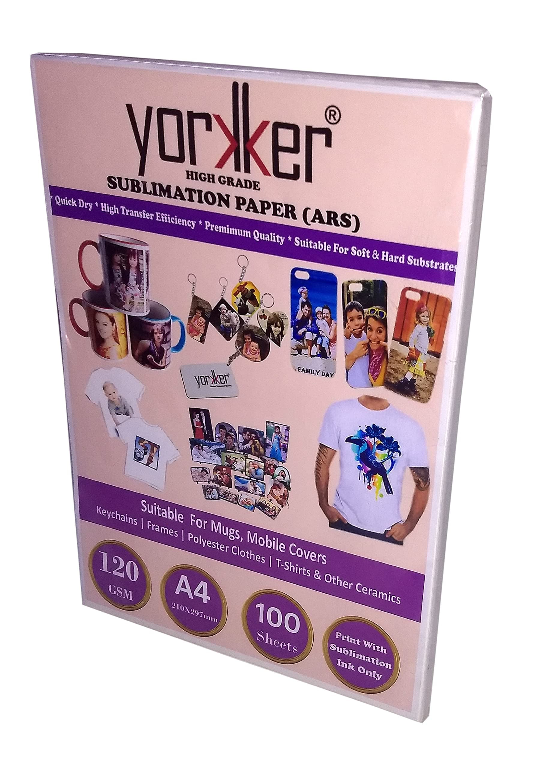Yorkker Sublimation Paper (ARS) High Grade Quick Dry For Soft & Hard Substrates for Mug Printing, Mobile cases & Covers, Keychain & Other Ceramics 120Gsm A4 X 100 sheets