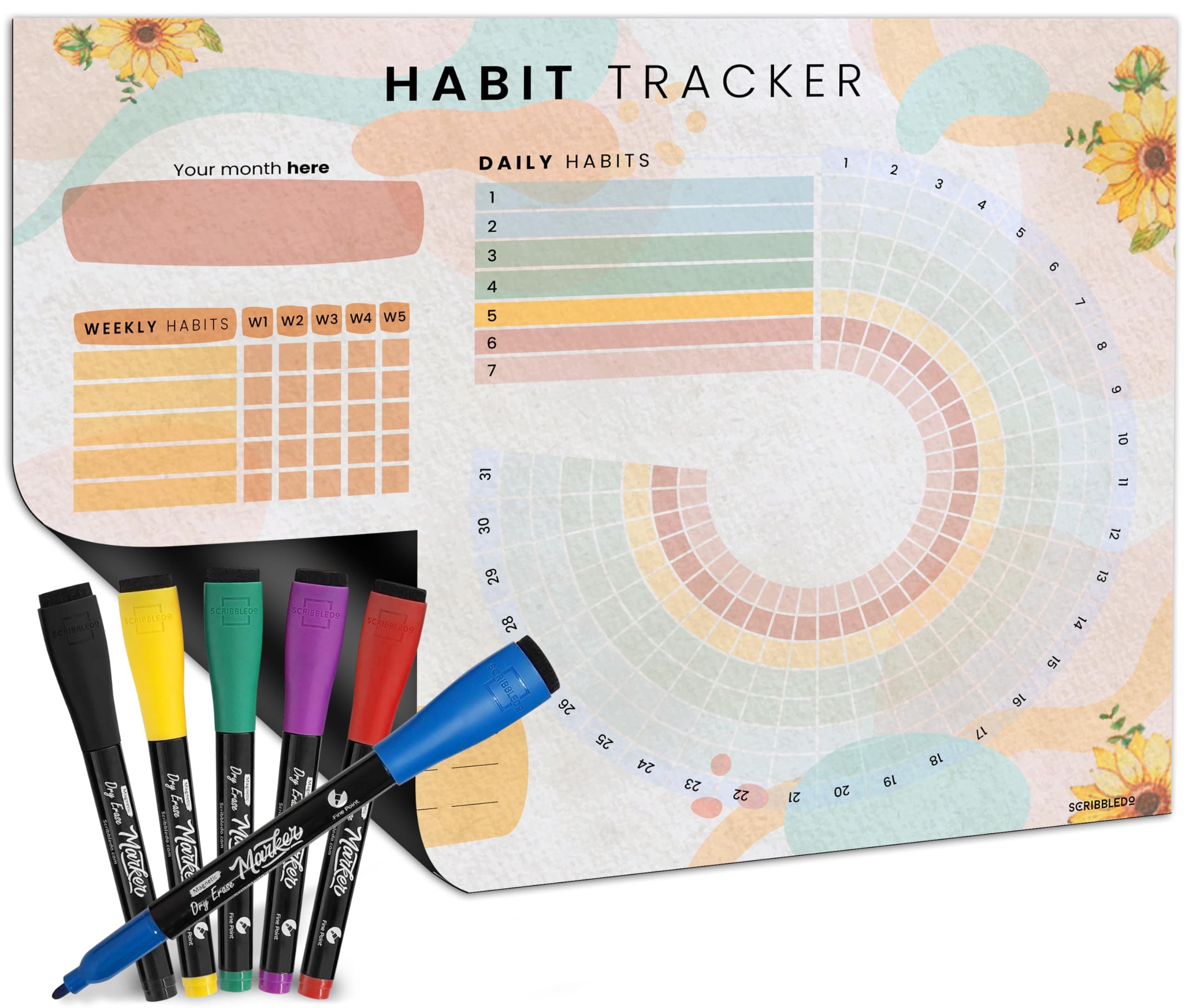 Scribbledo Habit Tracker Journal Workout Motivation Fridge Calendar Dry Erase 13” X 17” Magnet Health Fitness Goal Tracker Goals Board - With Shopping Grocery List - 6 Markers Included