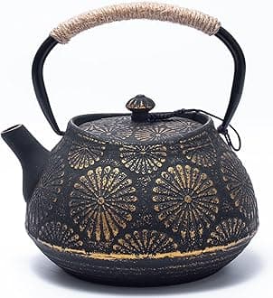 Cast Iron Teapot, Large Capacity 40oz Tea Kettle with Infuser for Stove Top, Sakura Design Japanese Tea Pot for Loose Leaf Coated with Enameled Interior, 1200ml Black