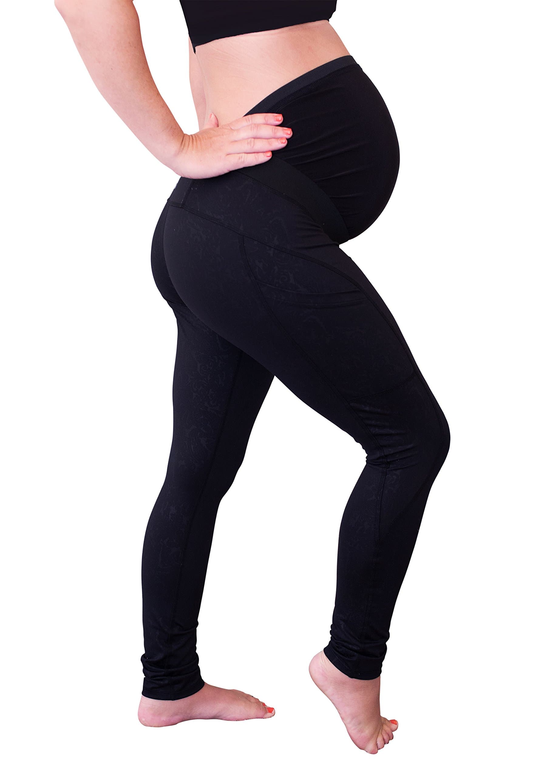 Maternity Leggings Made in USA Support with Full Belly Coverage and Pocket.