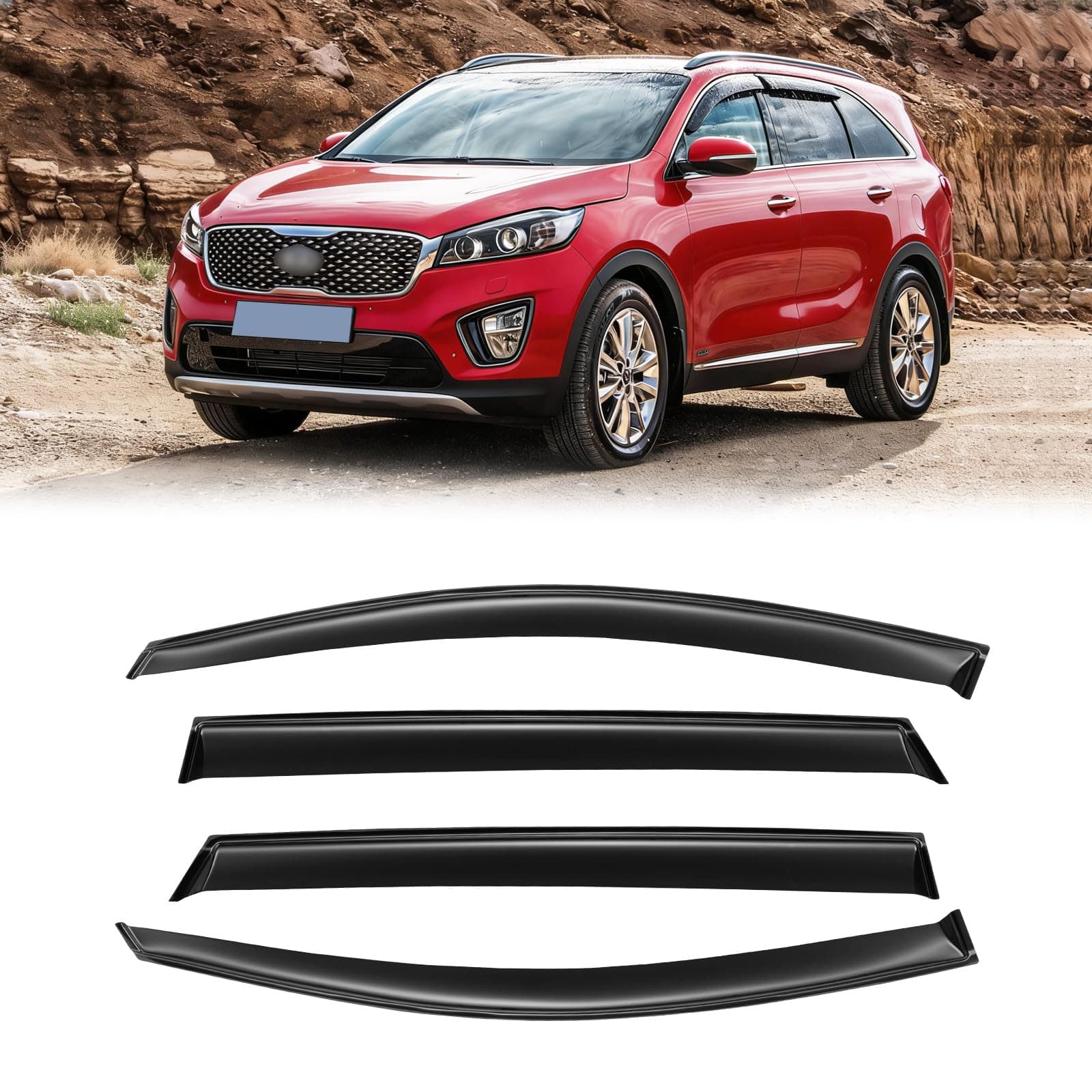 CMVT Auto Window Visors for 2016-2020 Kia Sorento, Rain Guards Shields Vent Shade Deflector Dark Smoke 2017 2018 2019 16 17 18 19 20, Tape-On 4PCS