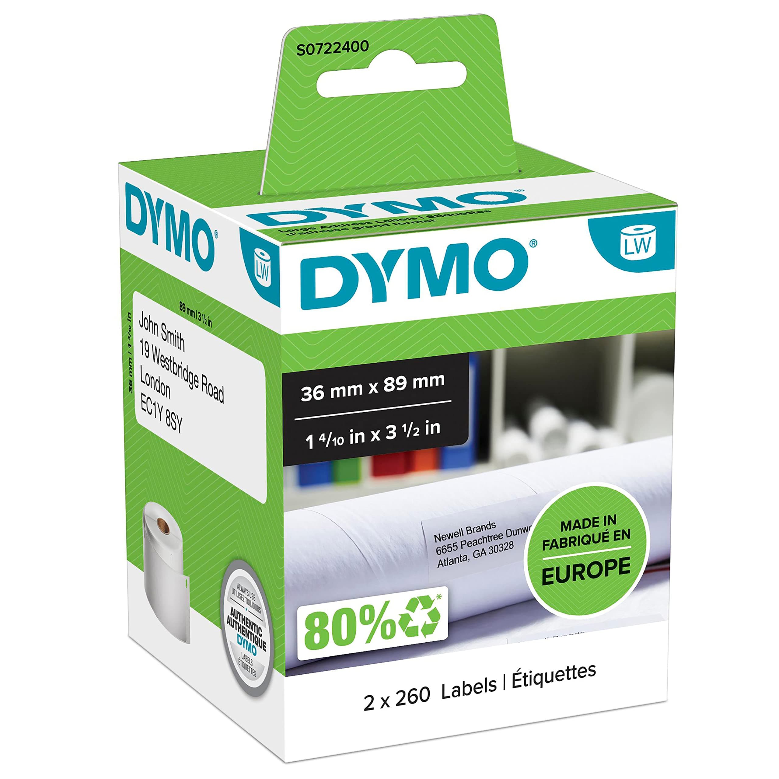 DYMO Authentic LabelWriter Large Address Labels | 36 mm x 89mm | Self-Adhesive | 2 Rolls of 260 (520 Easy-Peel Labels) | for LabelWriter Label Makers | Made in Europe