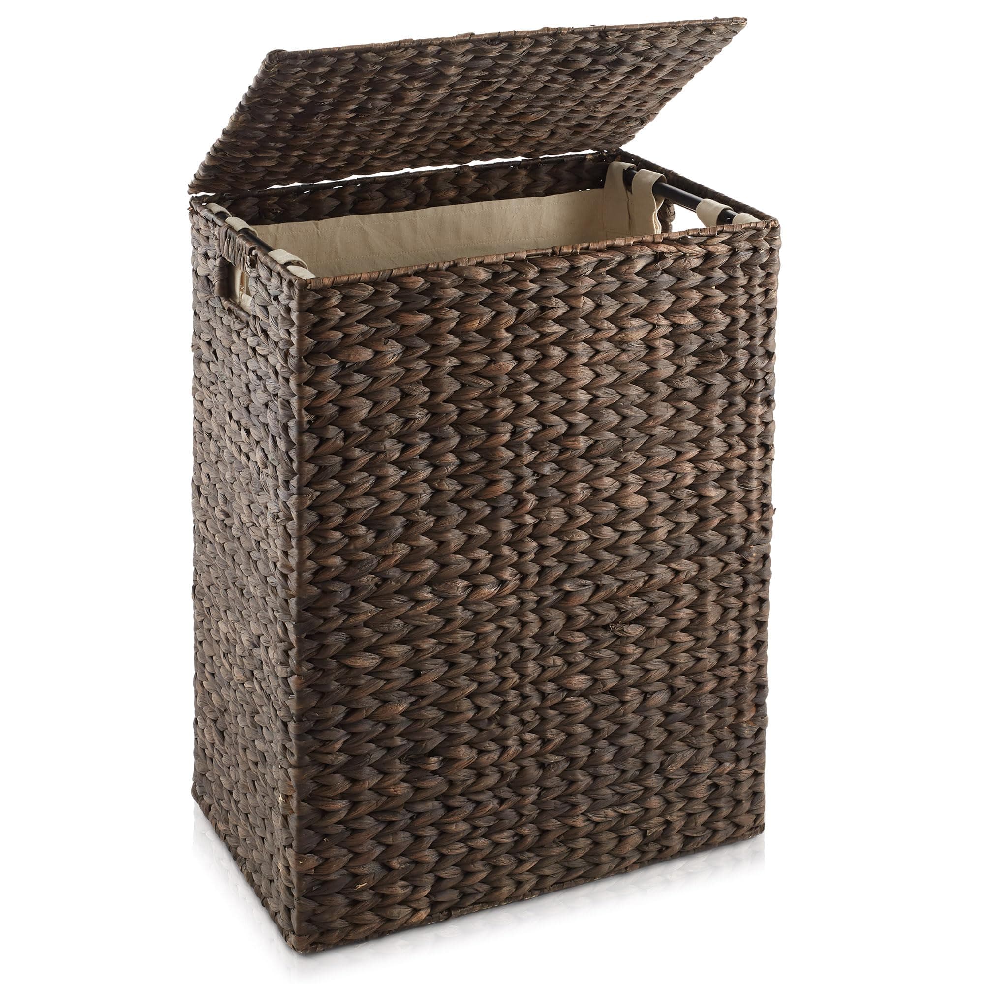 Casafield Large Laundry Hamper with Lid and Removable Liner Bag - Espresso Dark Brown, Woven Water Hyacinth Rectangular Laundry Basket Clothes Sorter