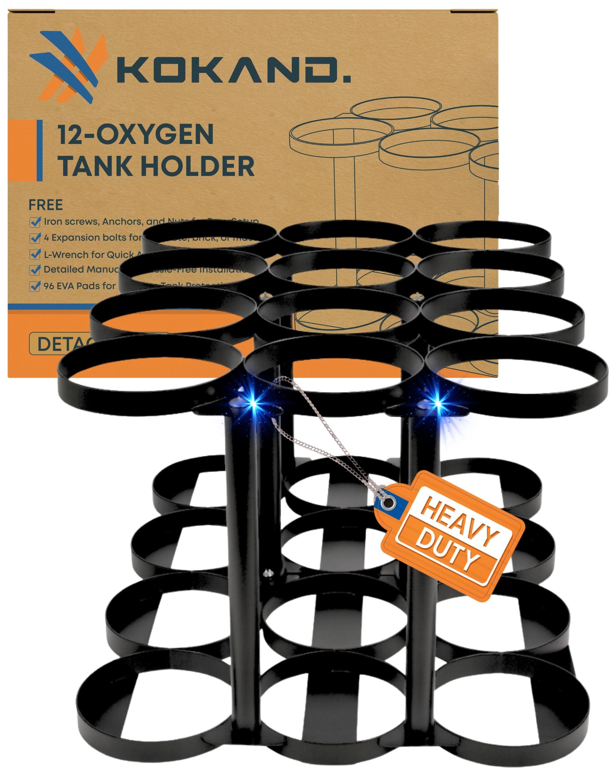 Premium/Detachable Oxygen Tank Holder (12) for E, D, M9/C Size Cylinders - Heavy Duty Metal Storage Rack - Portable Oxygen Tank Carrier for Travel & Vehicle Use (Black) (4.5" Wide Slots)