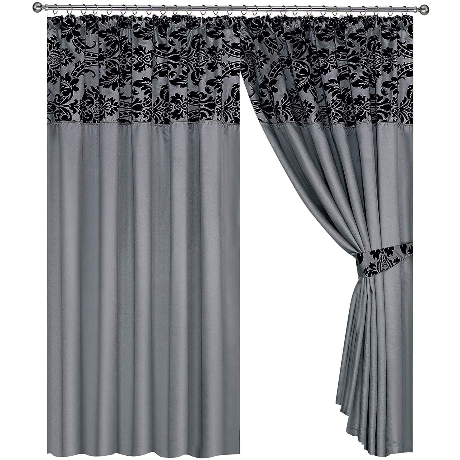 Half Flock With Plain Design Damask Pencil Pleat Curtains - Silver Grey Black (90" X 90" (230cm X 230cm))