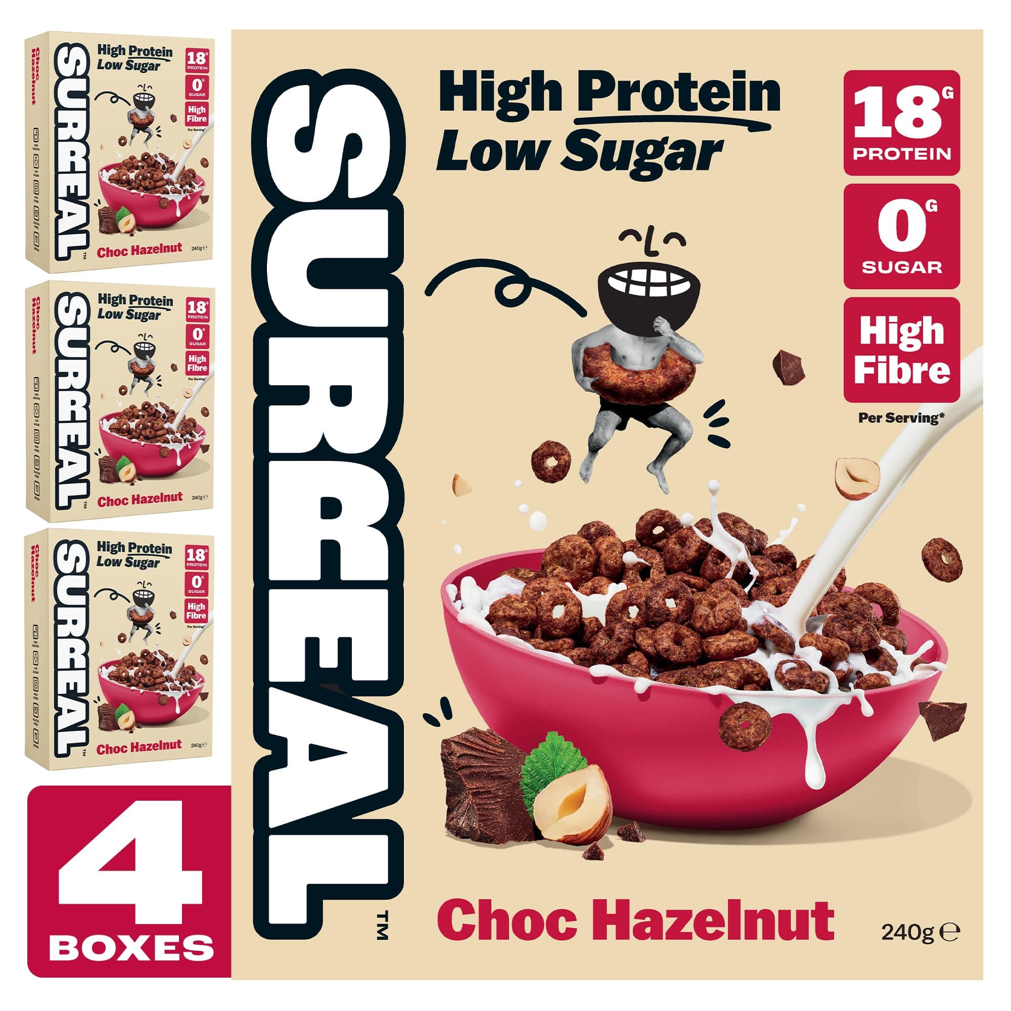 – Choc Hazelnut - High Protein Cereal - Zero Sugar- Healthy Plant Based Cereal - High in Fibre - Low Carb - Gluten Free - Vegan - 18g of Protein, 0g of Sugar - 240g per Box - 4 Pack