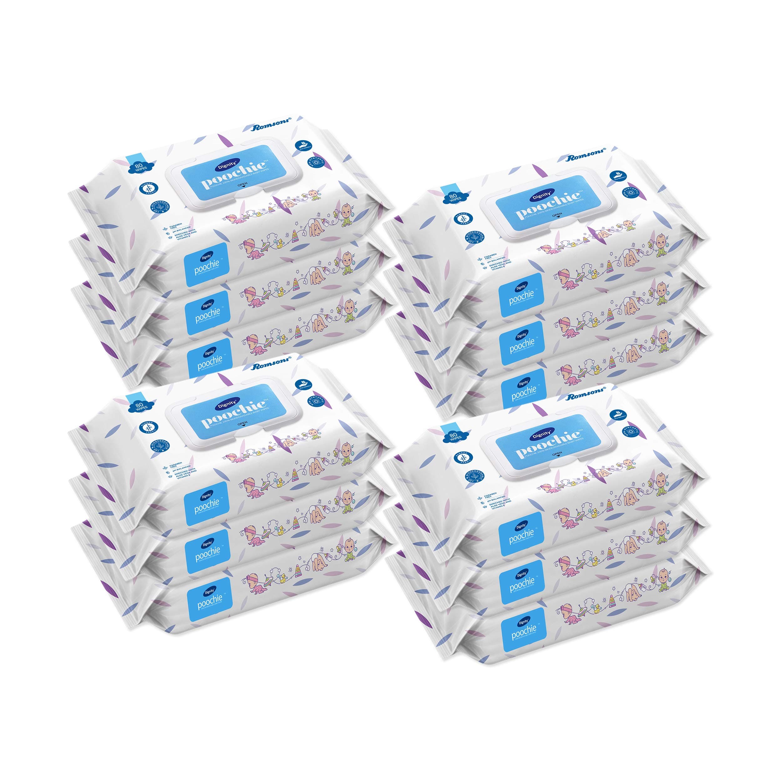 DIGNITY Poochie 100% Biodegradable Baby Wipes, 150 x 200 mm, 80 (Clear, Pack of 12, 960)