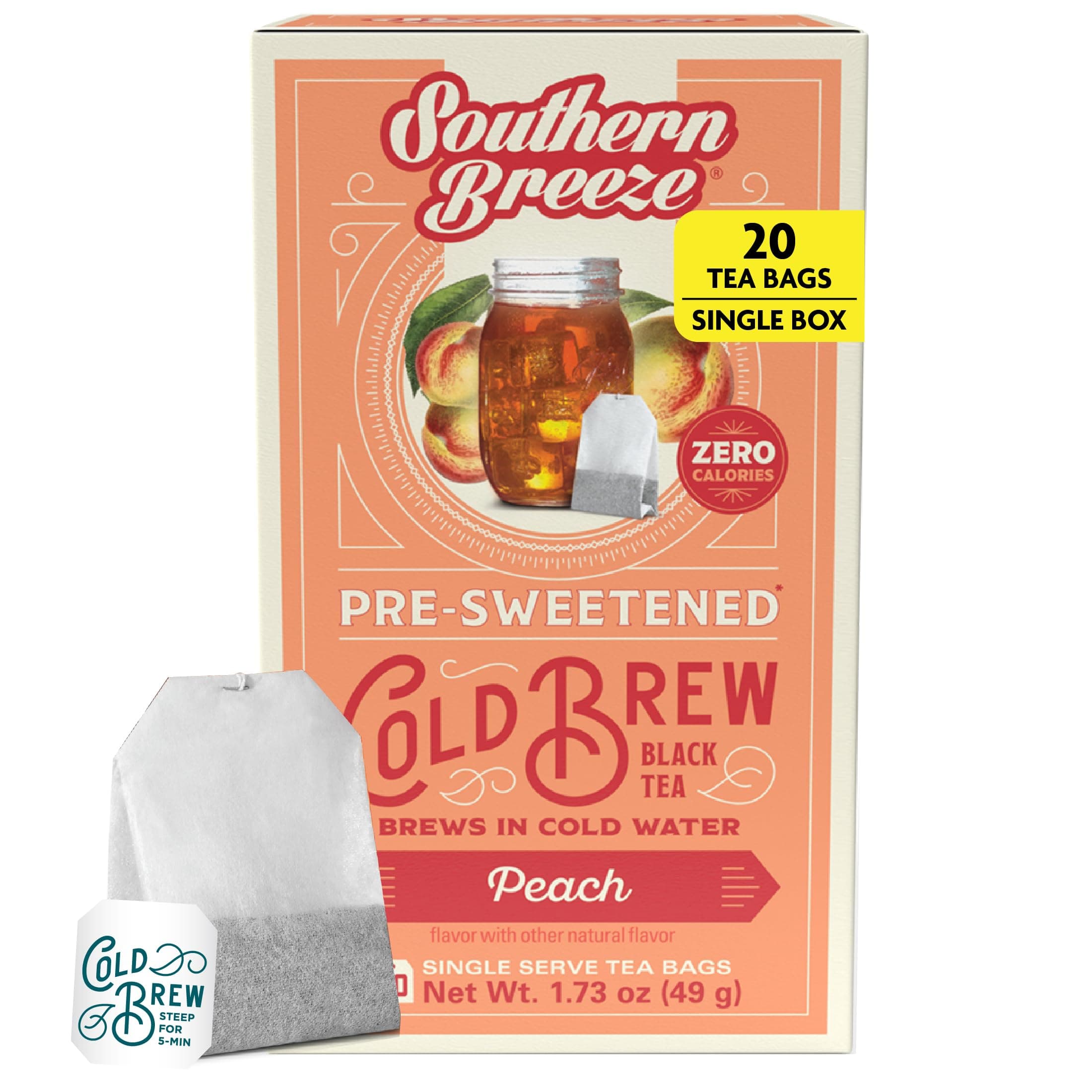 Cold Brew Sweet Tea Peach Iced Tea with Black Tea and Zero Carbs Zero Sugar, 20 Individually Wrapped Tea Bags Southern Sweet Tea Iced Tea Beverage