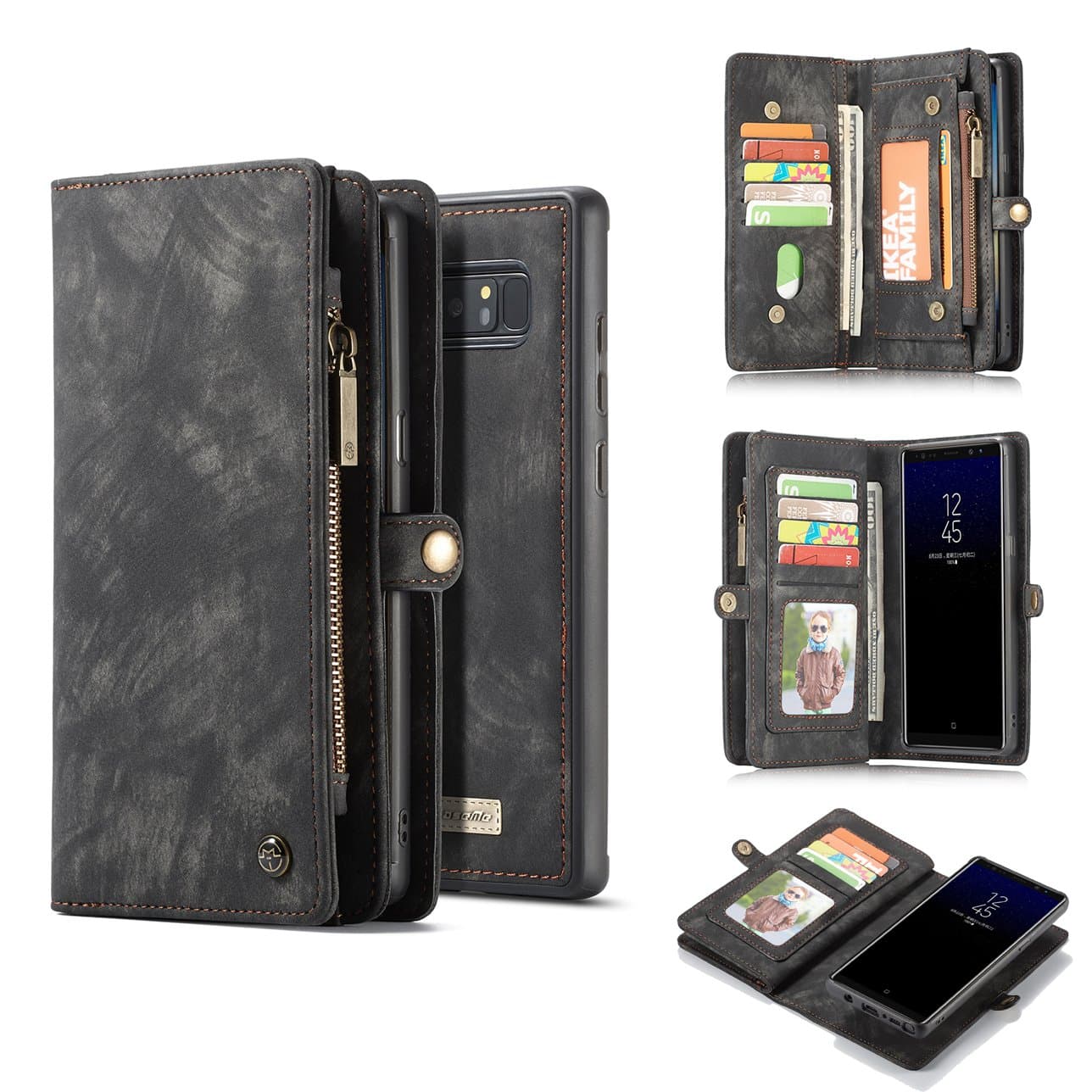 Galaxy Note 8 Case,AKHVRS Handmade Premium Cowhide Leather Wallet Case,Zipper Wallet Case [Magnetic Closure]Detachable Magnetic Case & Card Slots for Samsung Galaxy Note 8 - Black