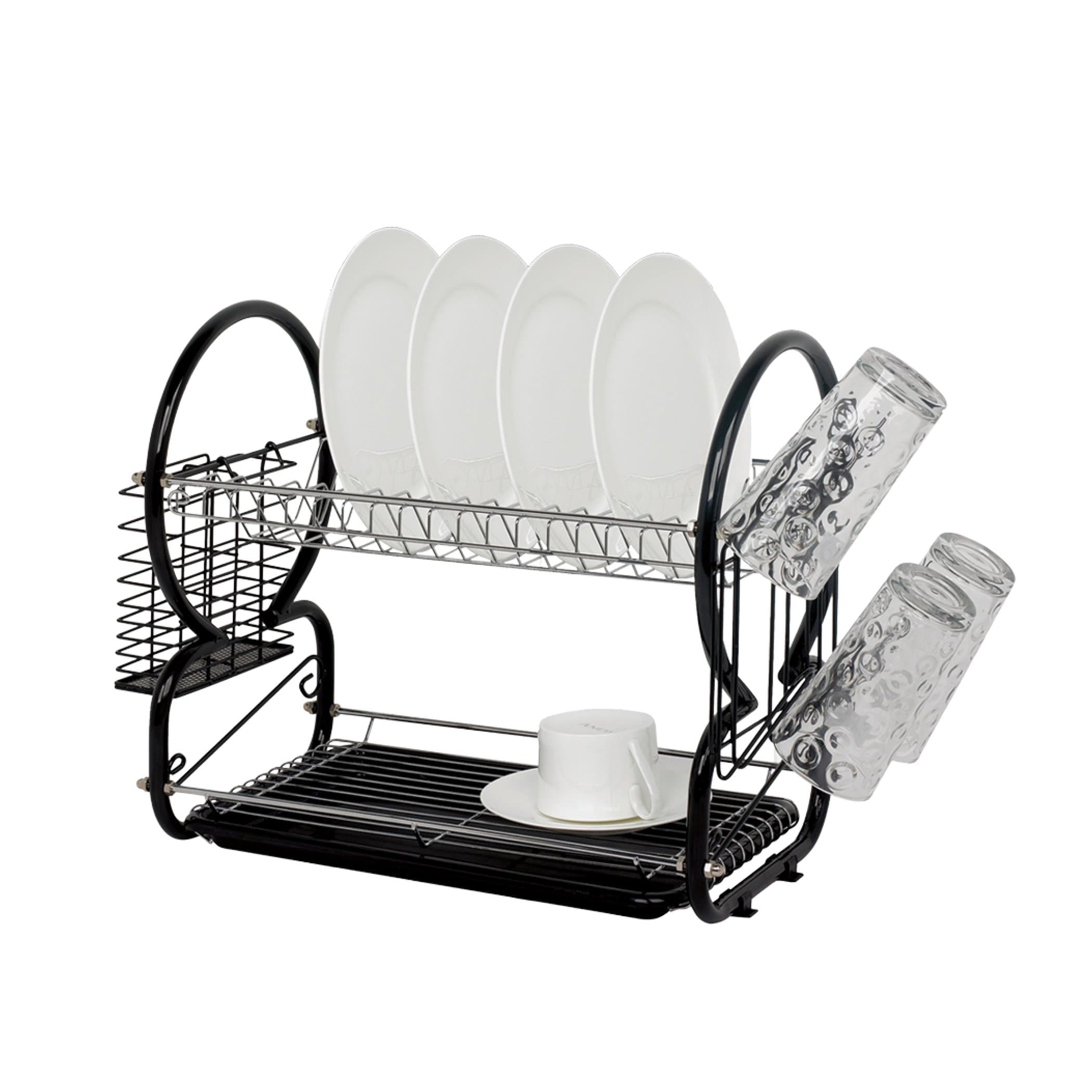 2 Tier Dish Drainer Rack with Drip Tray (Metallic Black)