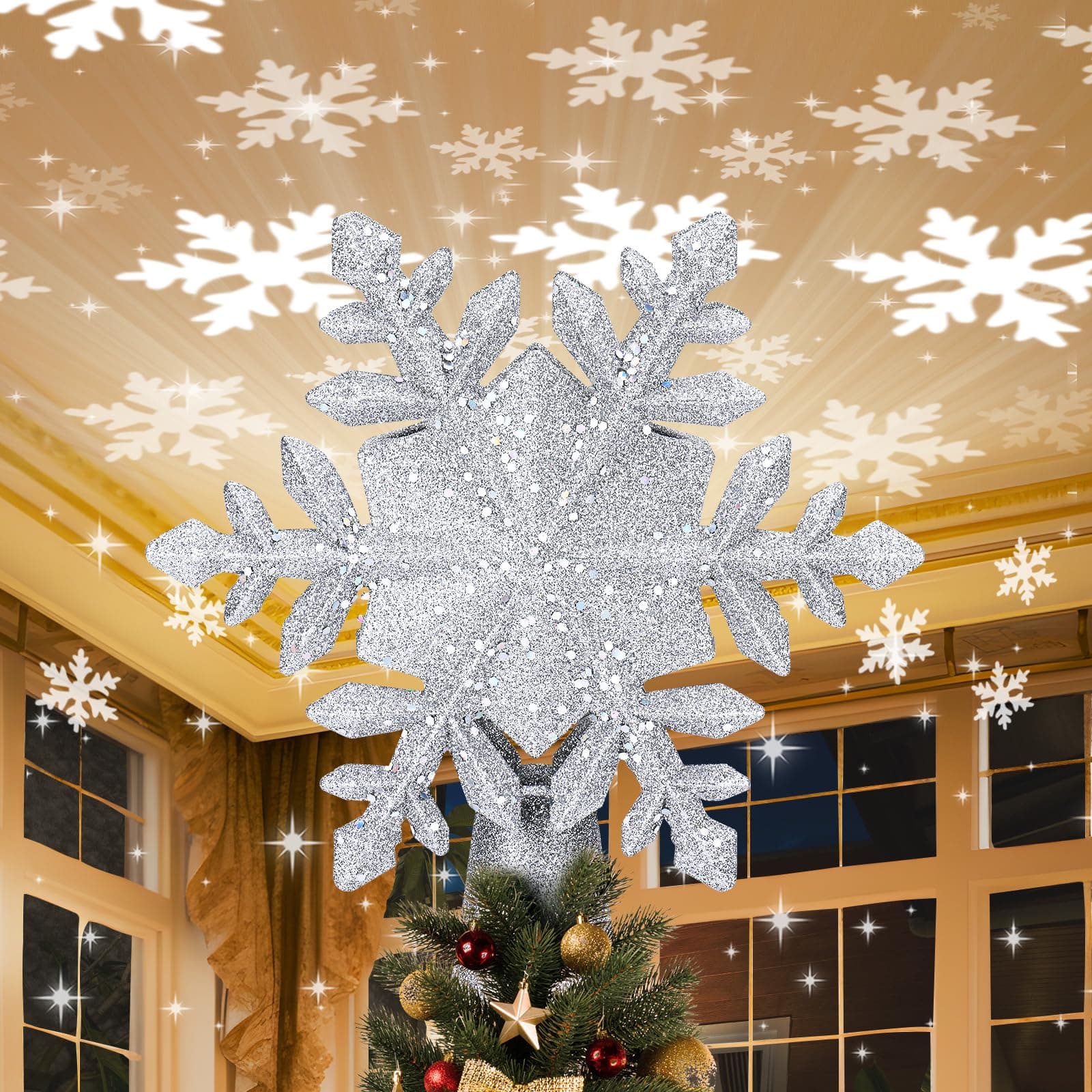 Christmas Tree Topper Lighted with 6 Projection Slides, PliMook Snowflake Christmas Tree Topper LED Rotating 3D Lighted Tree Toppers Glitter Tree Topper Projector for Christmas Tree(Silver)