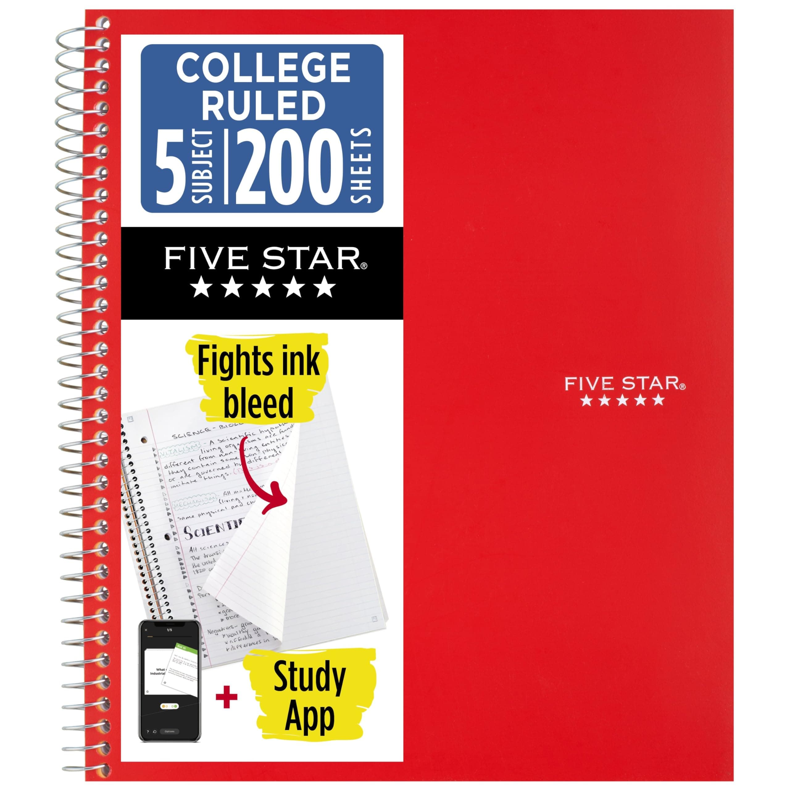 Spiral Notebook + Study App, 5 Subject, College Ruled Paper, 8-1/2" x 11", 200 Sheets, Fights Ink Bleed, Water Resistant Cover, Fire Red (72077)