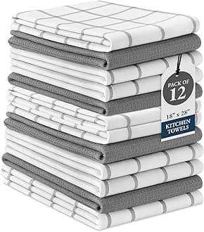 Kitchen Towels & Dishcloths Set of 12-100% Cotton, Quick-Drying 18” x 28” Absorbent Dish & Tea Towels, Soft Hand Towels for Kitchen - Grey