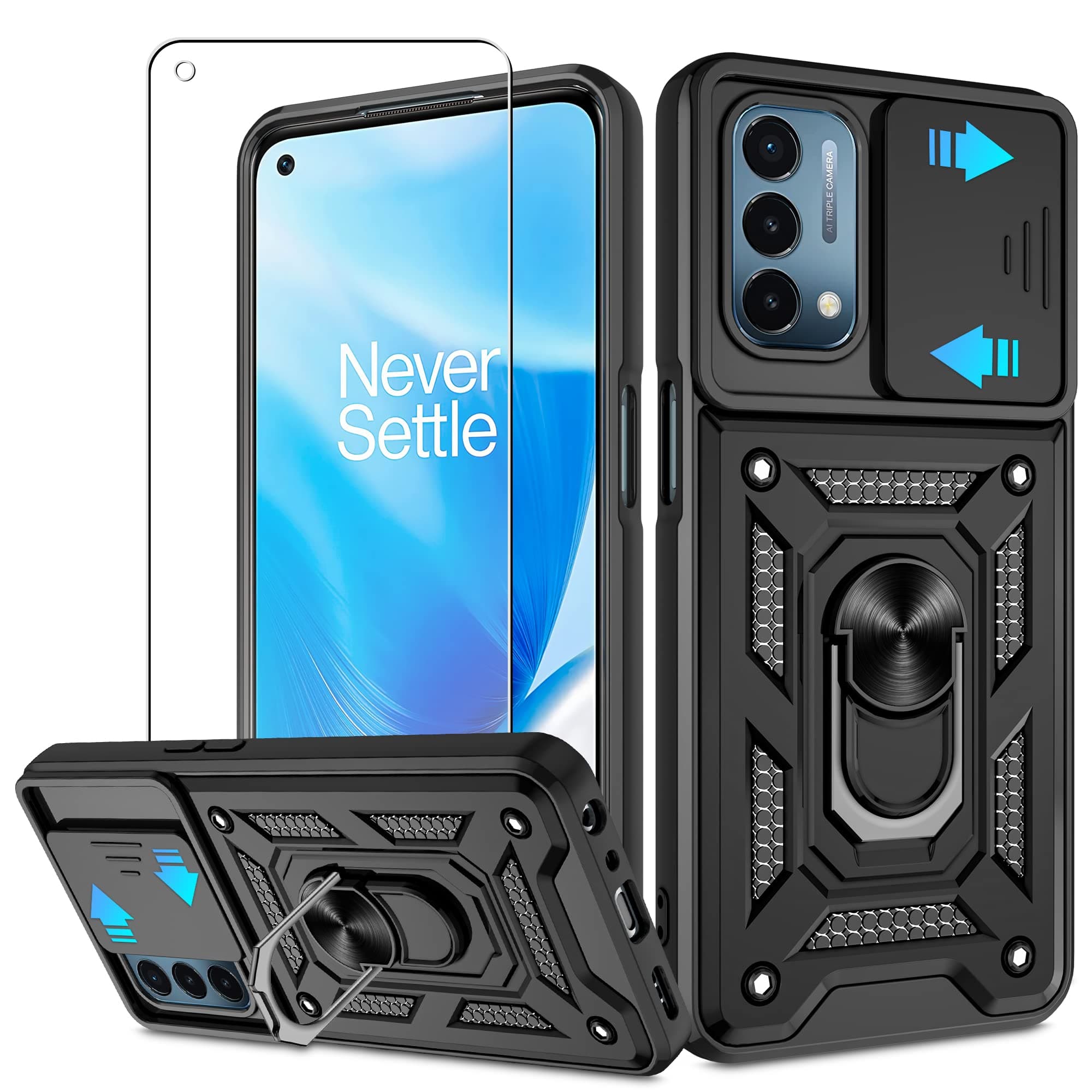 ATUMP for OnePlus Nord N200 5G Case with HD Screen Protector with Slide Camera Cover, 360° Rotation Ring Kickstand [Military Grade] Shockproof Protective Case for OnePlus Nord N200 5G,Black