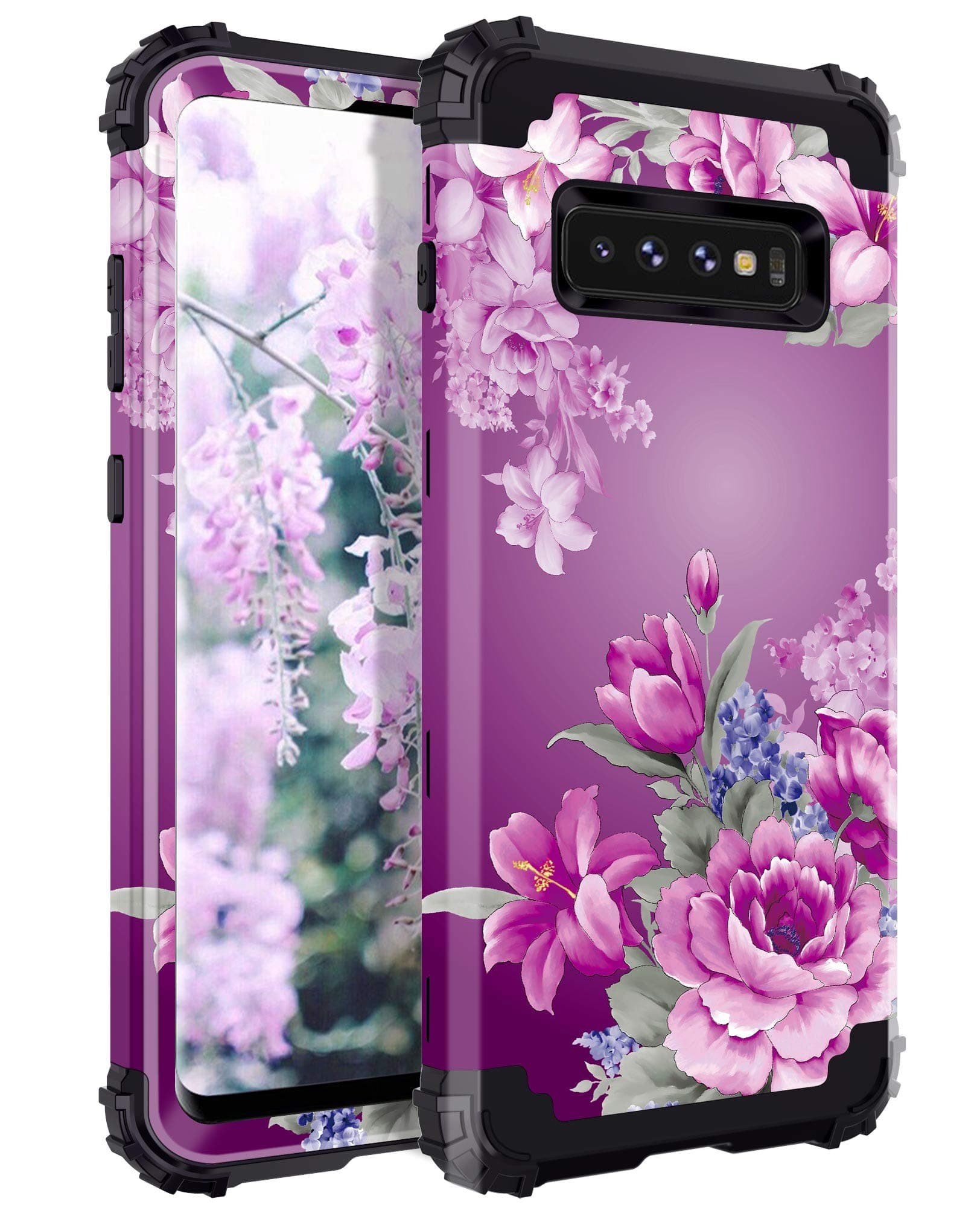 LONTECT for Galaxy S10 Plus Case Shockproof 3 in 1 Heavy Duty Hybrid Sturdy High Impact Protective Cover Case for Samsung Galaxy S10+ Plus 6.4 inch,Purple Flower/Black