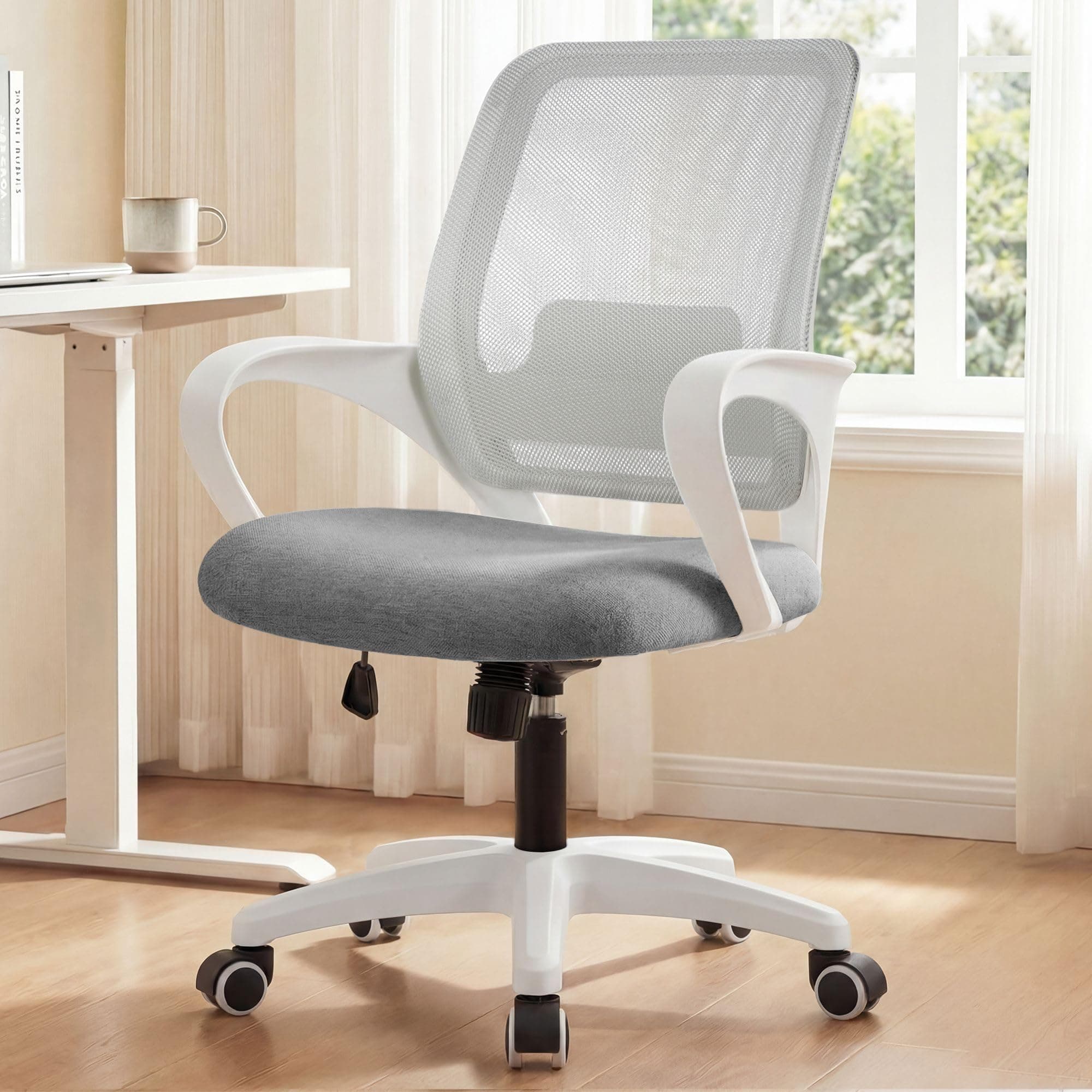 Office Desk Ergonomic Computer Mesh Chair with Lumbar Mid Back Support Adjustable Height Swivel Rolling Wheels Comfy Task Vanity Chair for Home Bedroom Study (Grey)