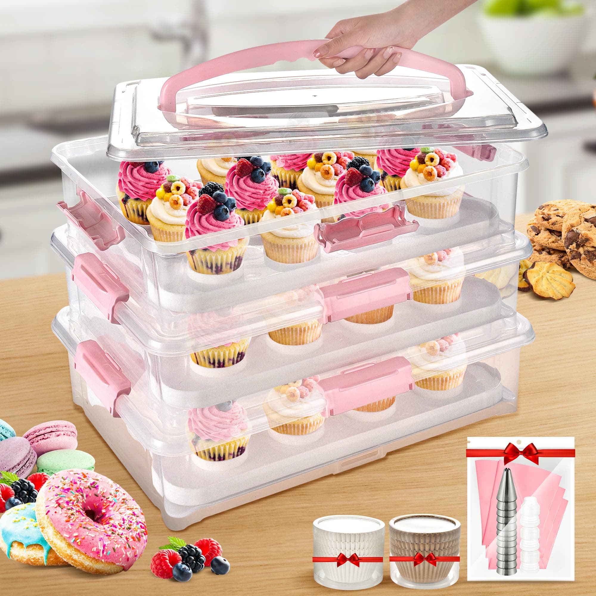 ARC Advanced Royal Champion 3-layer Cupcake Carrier, Cupcake Box (Pink)