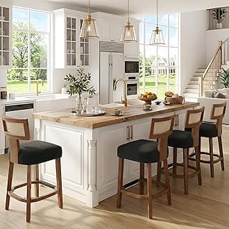 26’’ Rattan Barstool with Back Counter Height Bar Stool Set of 4, Charcoal Linen Modern Kitchen Counter Stool Upholstered Farmhouse Wicker Bar Stool, Boho Bar Stool Chairs with Natural Wood Frame