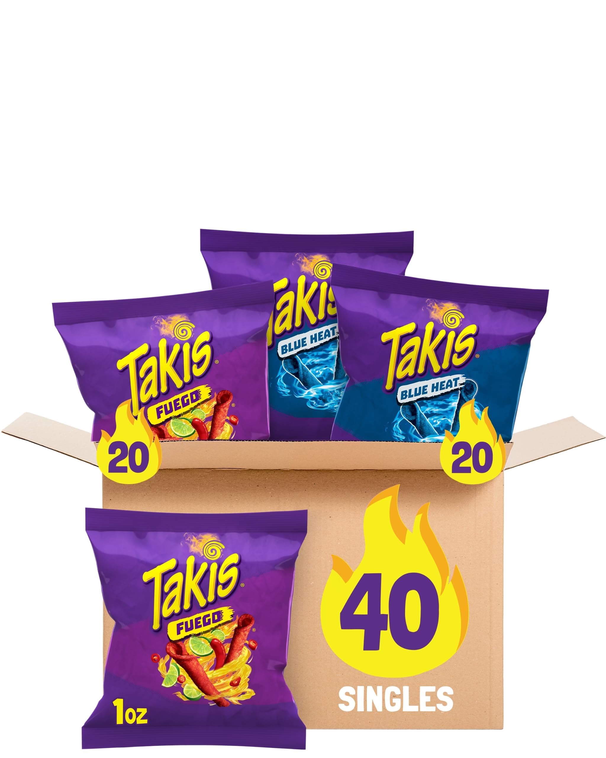 Takis 40 Pieces/28.3 g Assorted Pack, assorted mixed rolled tortilla chips - (20) Fuego 28.3 g, (20) Blue Heat 28.3 g