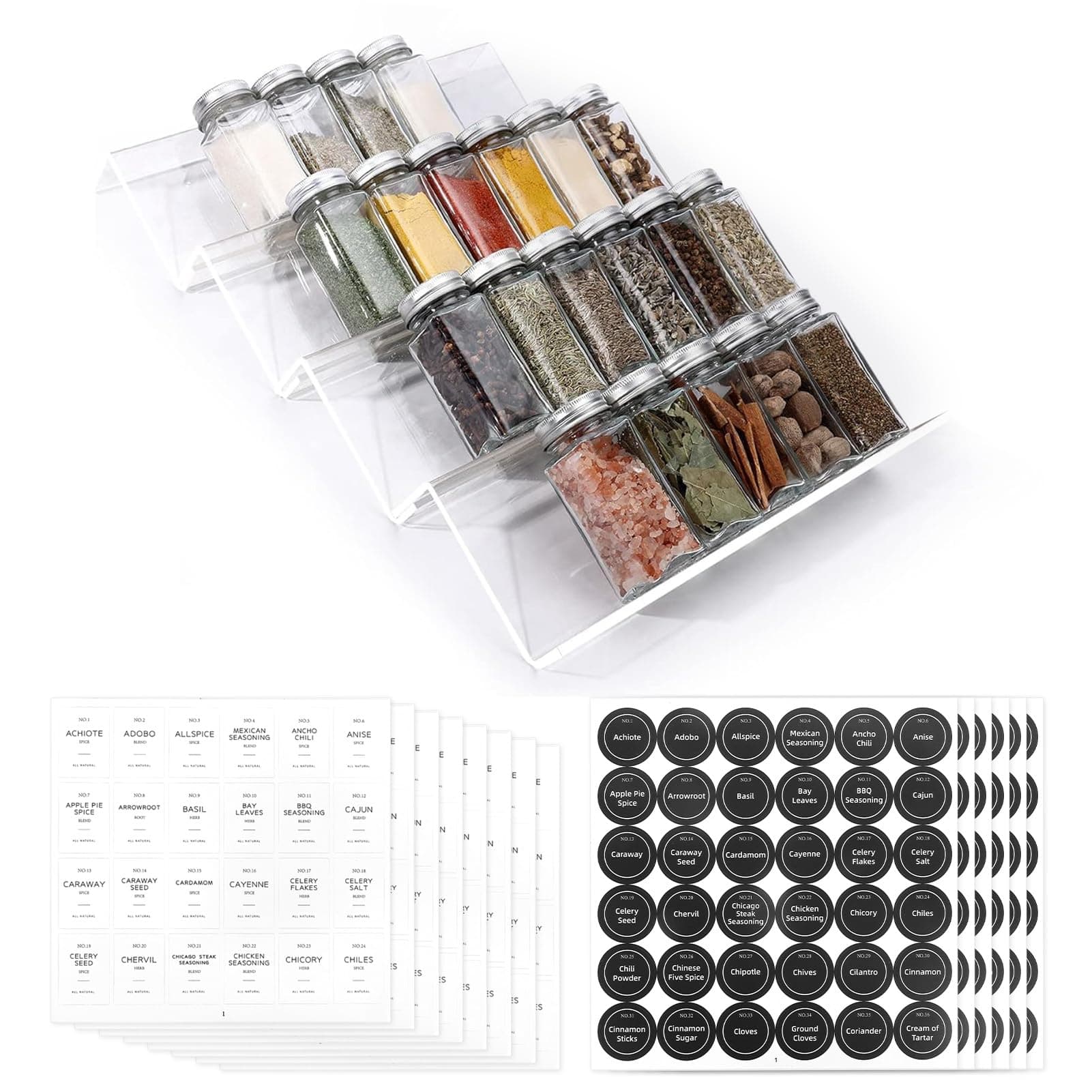 Spice Drawer Organiser with 28 Jars, 348 Labels, 4oz Glass Spice Containers with Shaker Lids 4 Tier Clear Acrylic Seasoning Rack Tray Insert for Kitchen Drawers