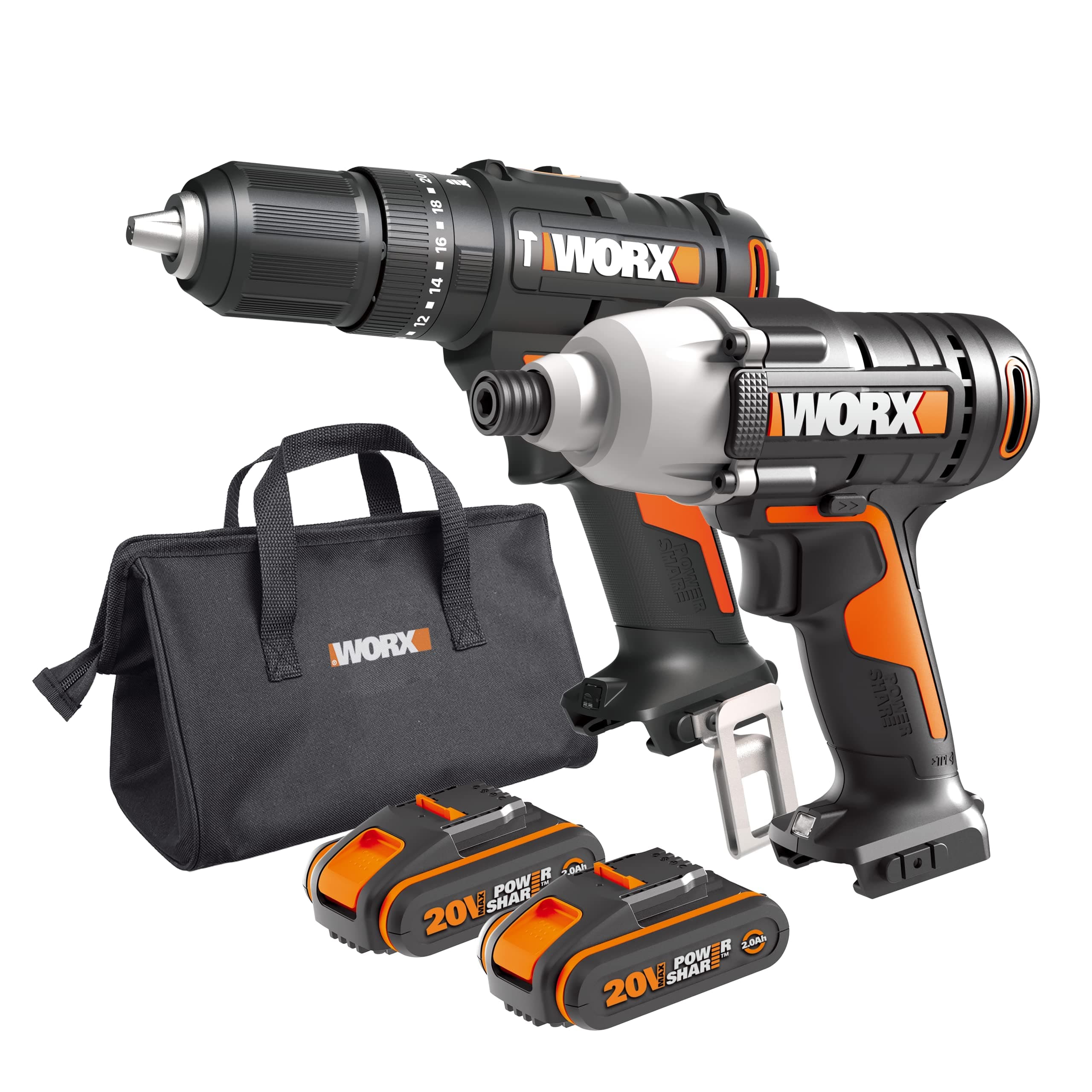 WX902 20V PowerShare Cordless Combi Drill & Impact Driver Kit with 2X 2.0Ah Batteries, Charger & Bag – 50Nm Hammer Drill, 170Nm Impact Driver, LED Light, Compact & Lightweight Design