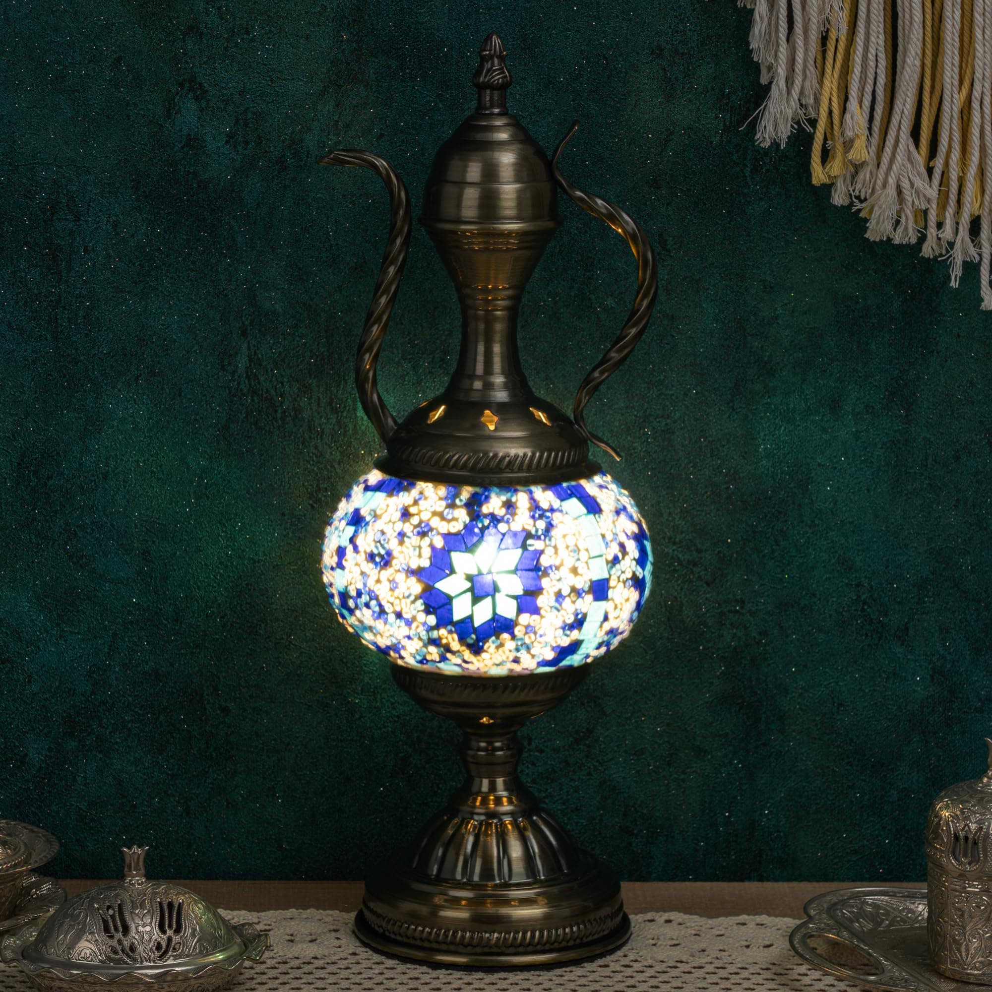 Marrakech Turkish Table Lamp with Bronze Base，Handmade Blue Moroccan Wine Pot Tiffany Style Mosaic Glass Night Stand Light Fixture Including LED Bulb for Living Room Bedroom Decor