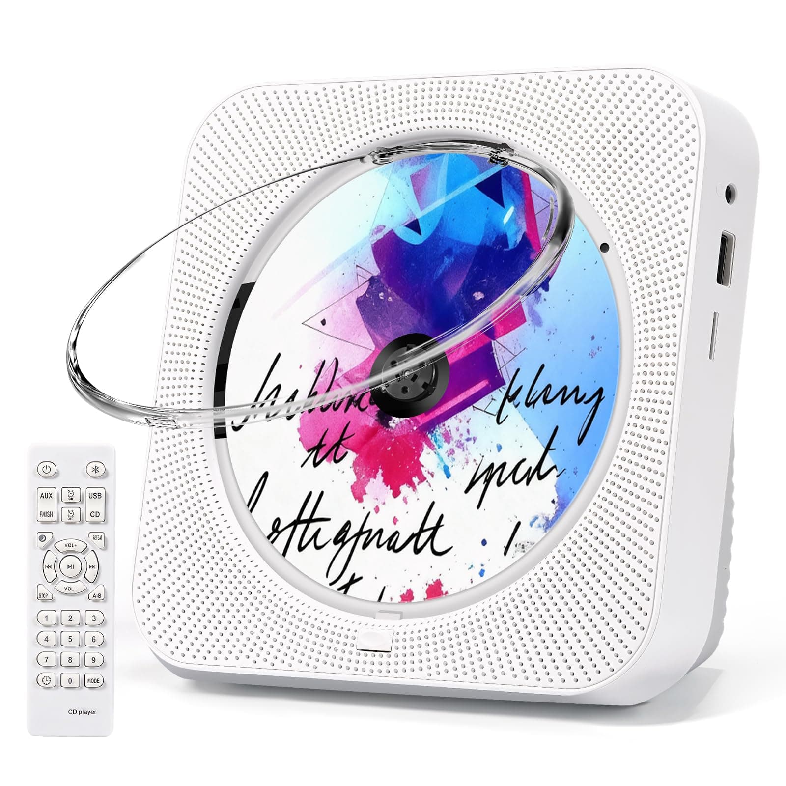 CD Player Portable, Bluetooth CD Players for Home with Remote Control HiFi Stereo LED Display Timer FM Radio AUX/USB/TF Jack, Music CD Player with Speakers Desktop Boombox for Office Gift White