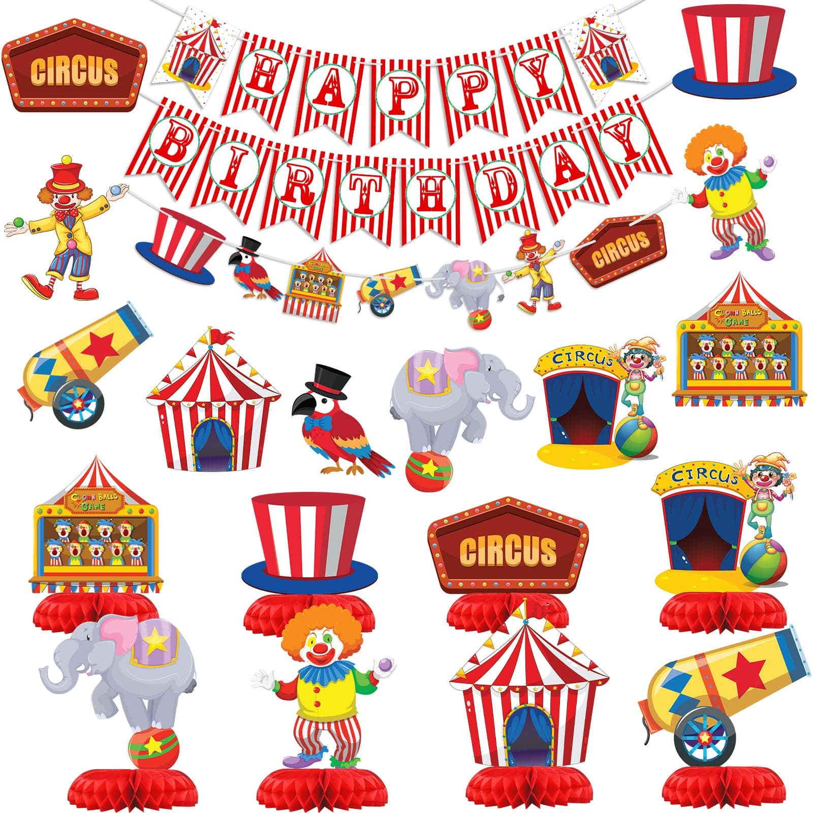 Circus Party Decorations Kit – Complete Set with Circus Banners, Cutouts, and Table Centerpieces for Carnival-Themed Birthday Parties and Baby Showers