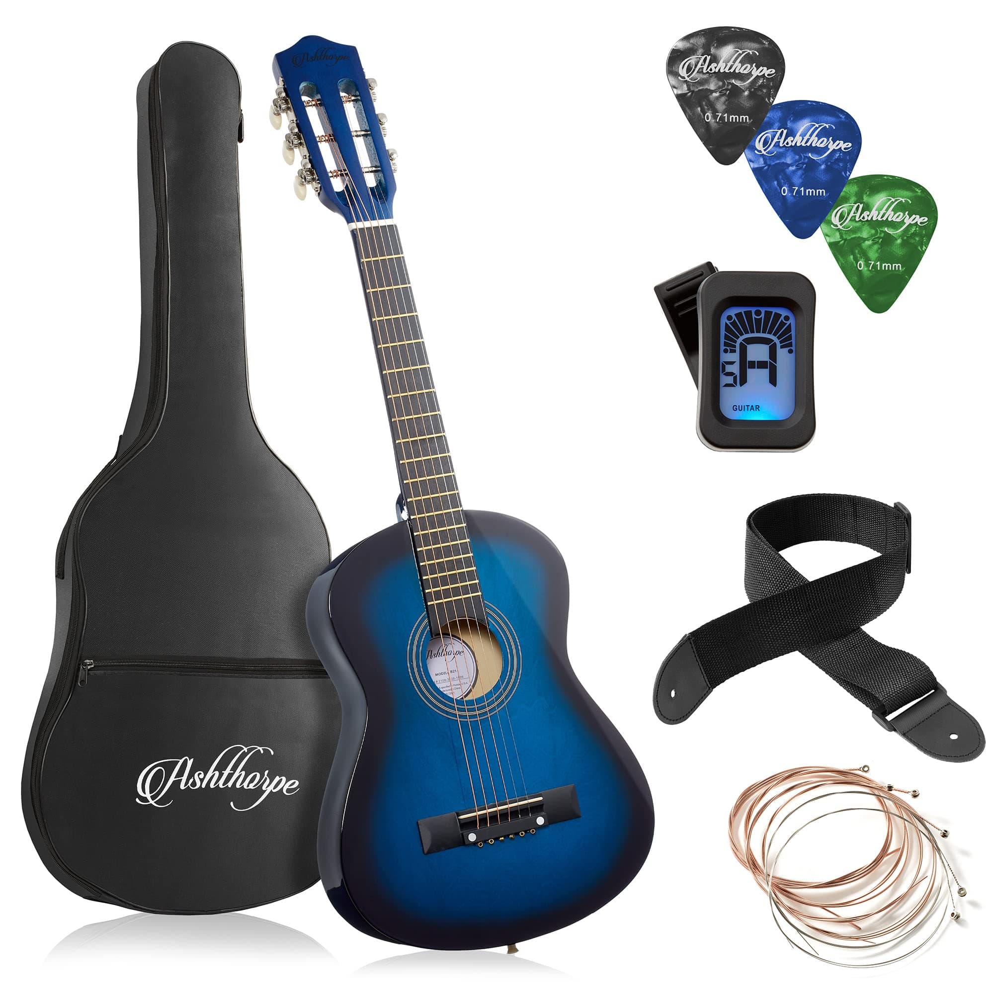 30-inch Beginner Acoustic Guitar Package (Blue), Basic Starter Kit w/Gig Bag, Strings, Strap, Tuner, Picks
