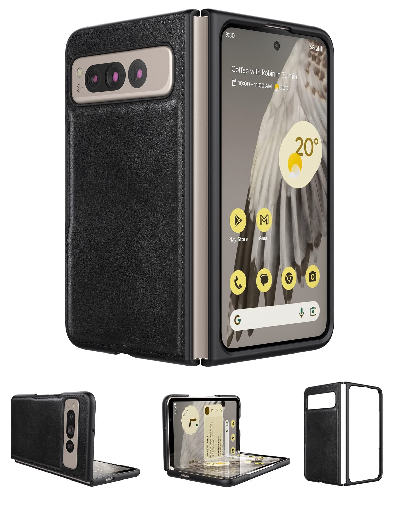for Google Pixel Fold Case, Leather Case, PU Leather + Hard PC Shell Ultra Thin Slim Durable Protective Phone Case Cover for Google Pixel Fold 2023 (Black)