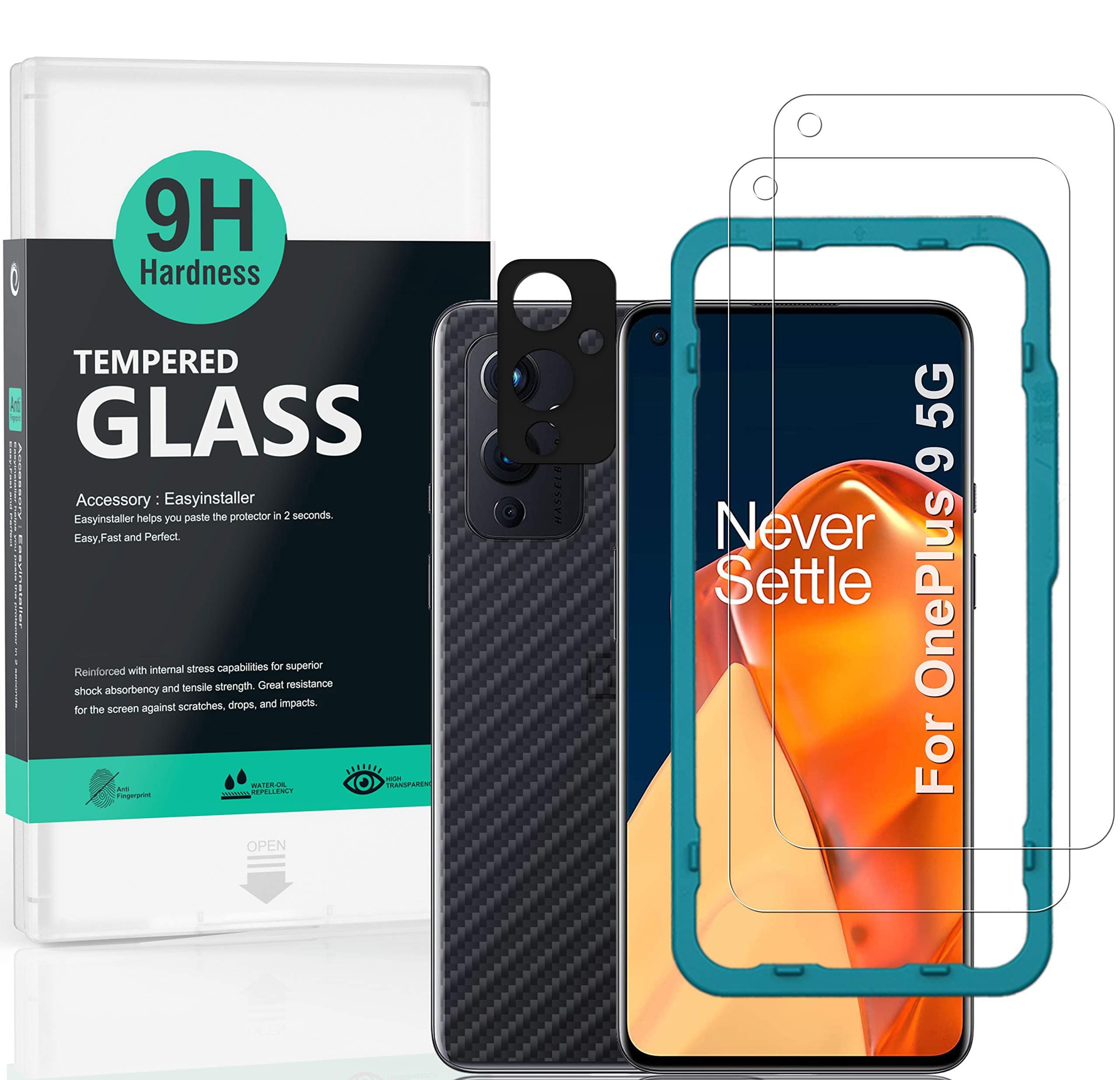 IBYWIND For OnePlus 9 Screen Protector, 2 Pack 9H Hardness Tempered Glass,With 1Pc Camera Lens Protector,1Pc Back Carbon Fiber Film,Easy to install