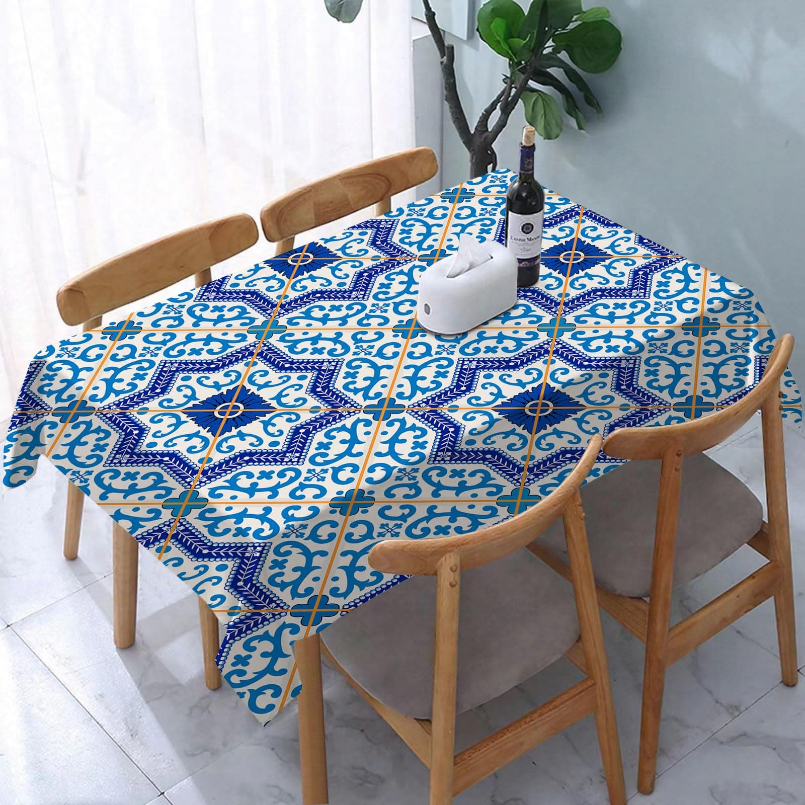 Tablecloth,Table Cloth for Rectangle,Moroccan,Moroccan Portuguese Style Classic Tiles Ornaments Islamic His,Wrinkle Resistant Decorative Table Cover for Kitchen Dining Parties Picnic 54 x 72 in