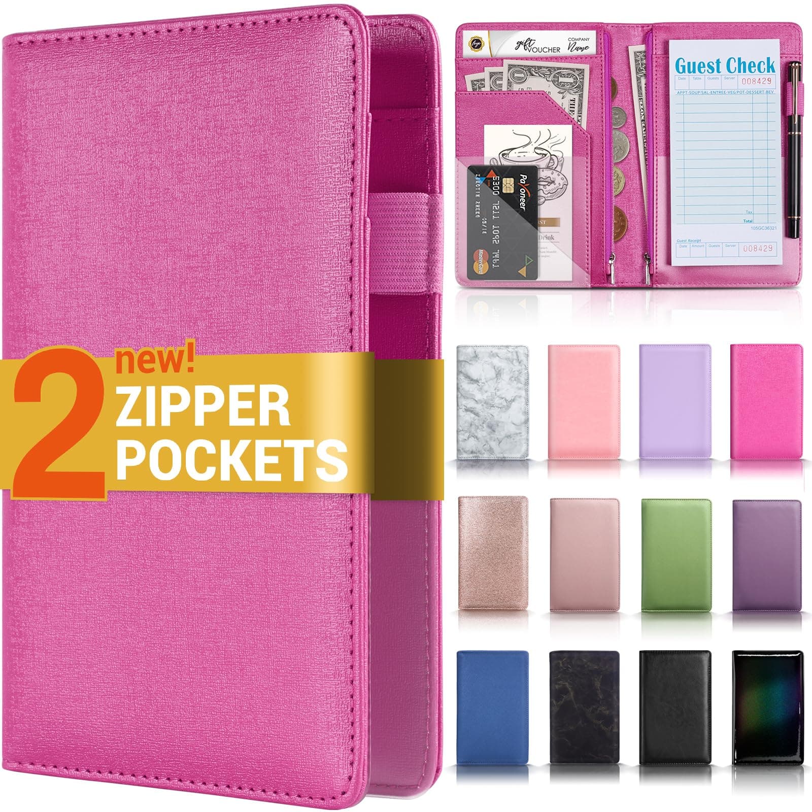 Forvencer Server Book with 2 Zipper Pockets, Leather Server Books for Waitress, Waitress Book, Sturdy Waitress Book with Money Pocket and Zipper, Livret Server Book