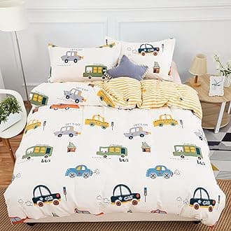 Cars Cartoon Duvet Cover Set Queen Size, 3 Pieces 100% Cotton Breathable Bedding Sets (1 Duvet Cover+2 Pillowcases), Reversible Stripes Printed Comforter Cover Set for Kids Teens Boys Girls