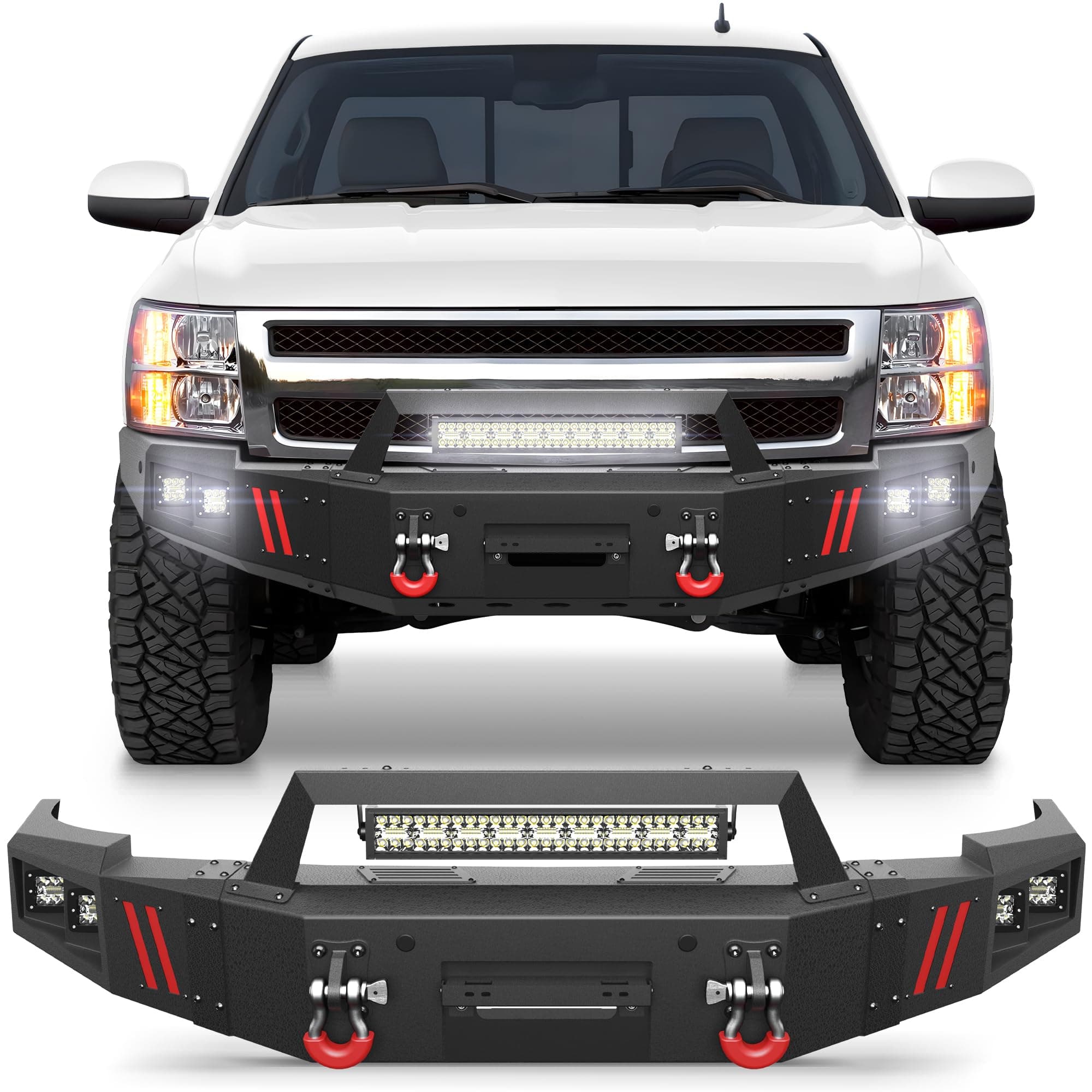 Front Bumper Fit for Chevy Silverado 1500 2007-2013, Pickup Truck Bumper Black with Winch Plate, D-ring and Lights (Compatible with Chevy Silverado 1500 2007 2008 2009 2010 2011 2012 2013)