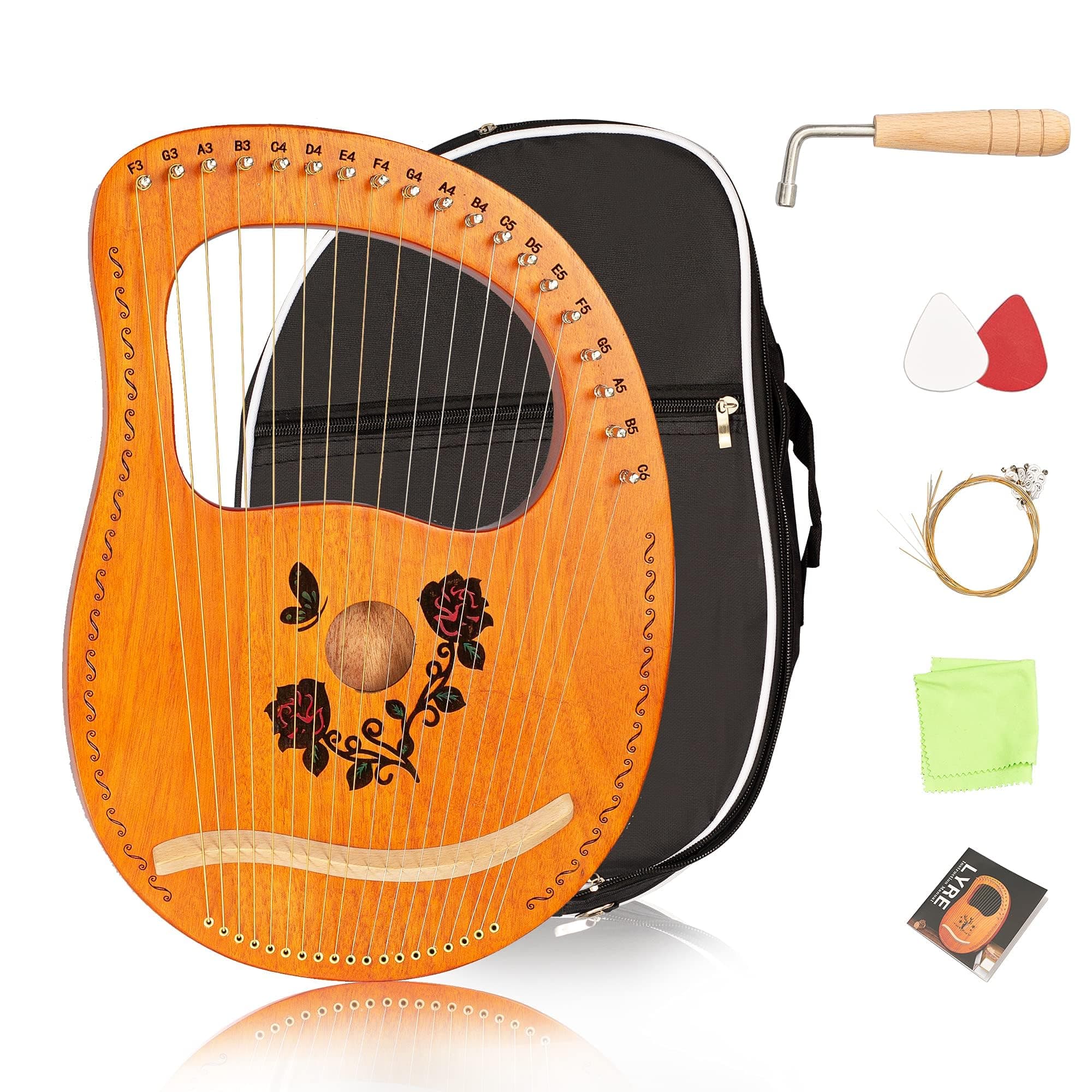 Lyre Harp 19 String Wood Rose Harp Portable Solid Mahogany Harp String Instrument with Black Bag Strings Carry Cloth Sheet Music Pick Tuning Wrench (ROSE, 19 String)