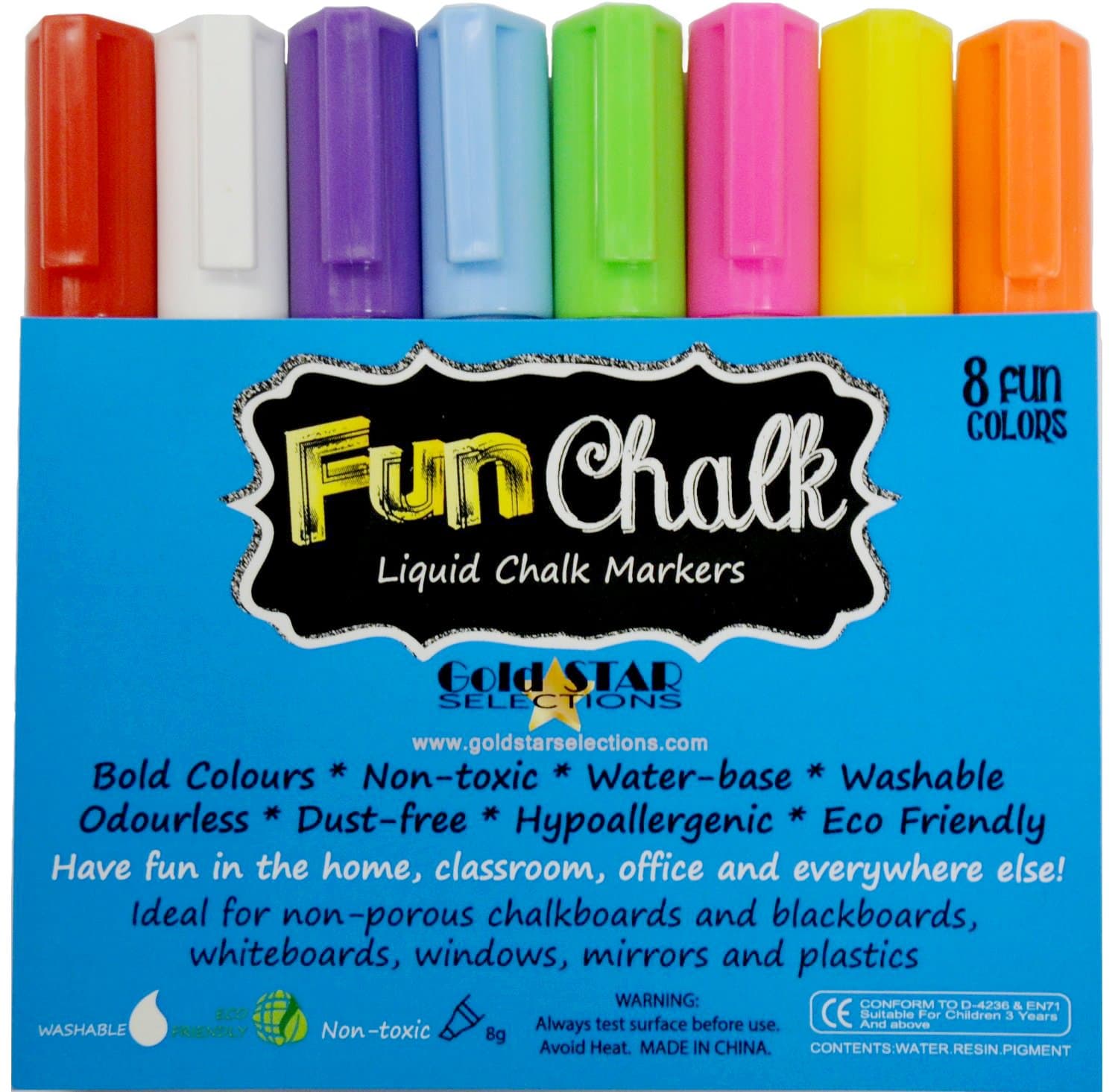 Chalk Markers with Reversible Tip - Ideal for Blackboards, Windows, Non-porous Chalkboards, Whiteboards, Plastics, Bistro Boards, Mirrors, Teachers, Kids, Arts and Crafts, Office and More - Odor Free, Non-toxic Neon Liquid Chalk Pens - Bold Colors & White Ink – 8 Pack