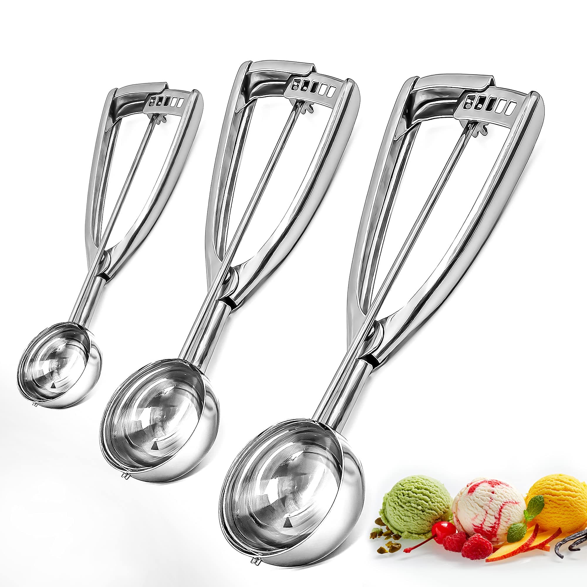 Ice Cream Scoops with Easy Trigger Set of 3 Large (6.3CM), Medium (5CM), Small (4CM) 304 Stainless Steel Ice Cream Scoop for Melon, Muffin, Sorbet, Cupcake, Meatball, and Cookie Dough Scoop